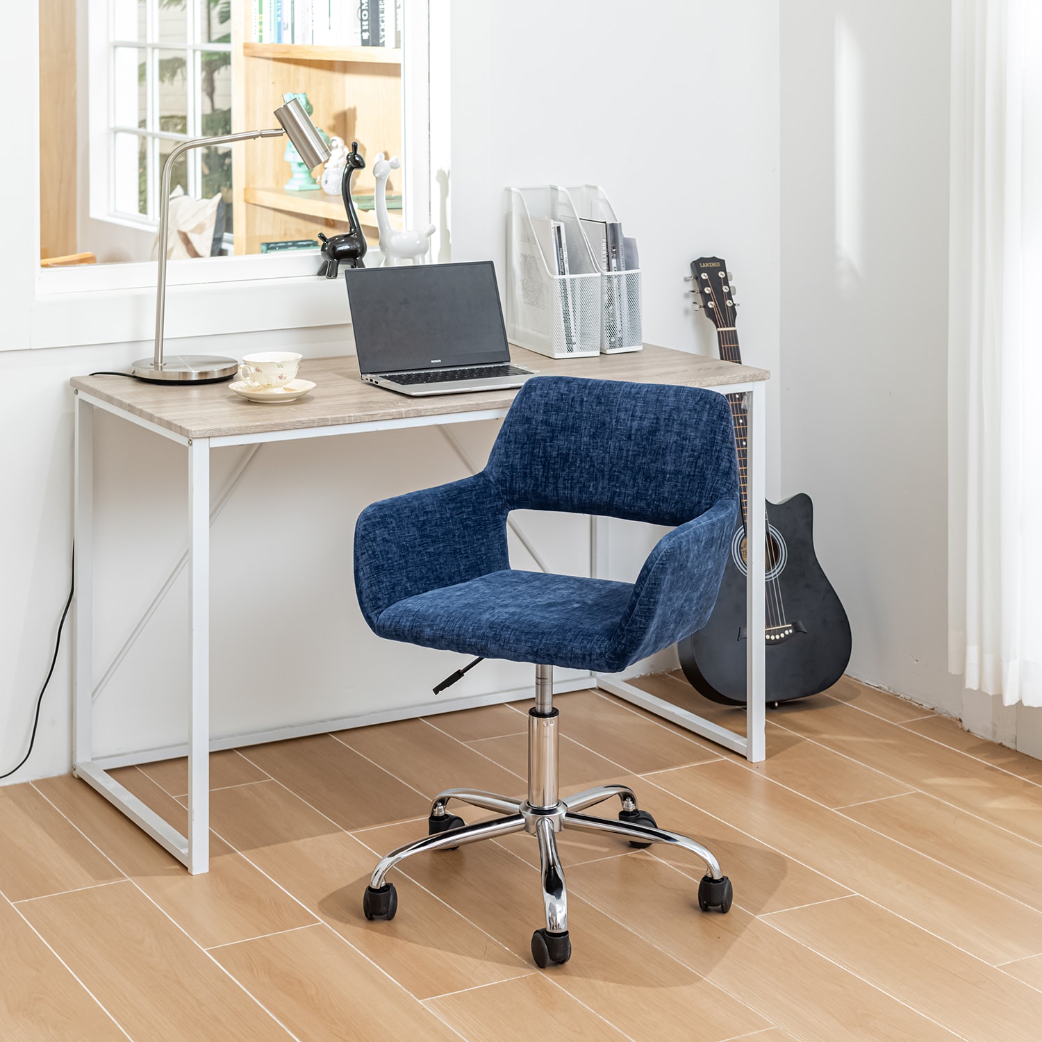 Homy Casa ROSS BLUE Modern Adjustable Swivel Office Chair with Armrests Upholstered Mid Back Task Chair for Home Office Blue