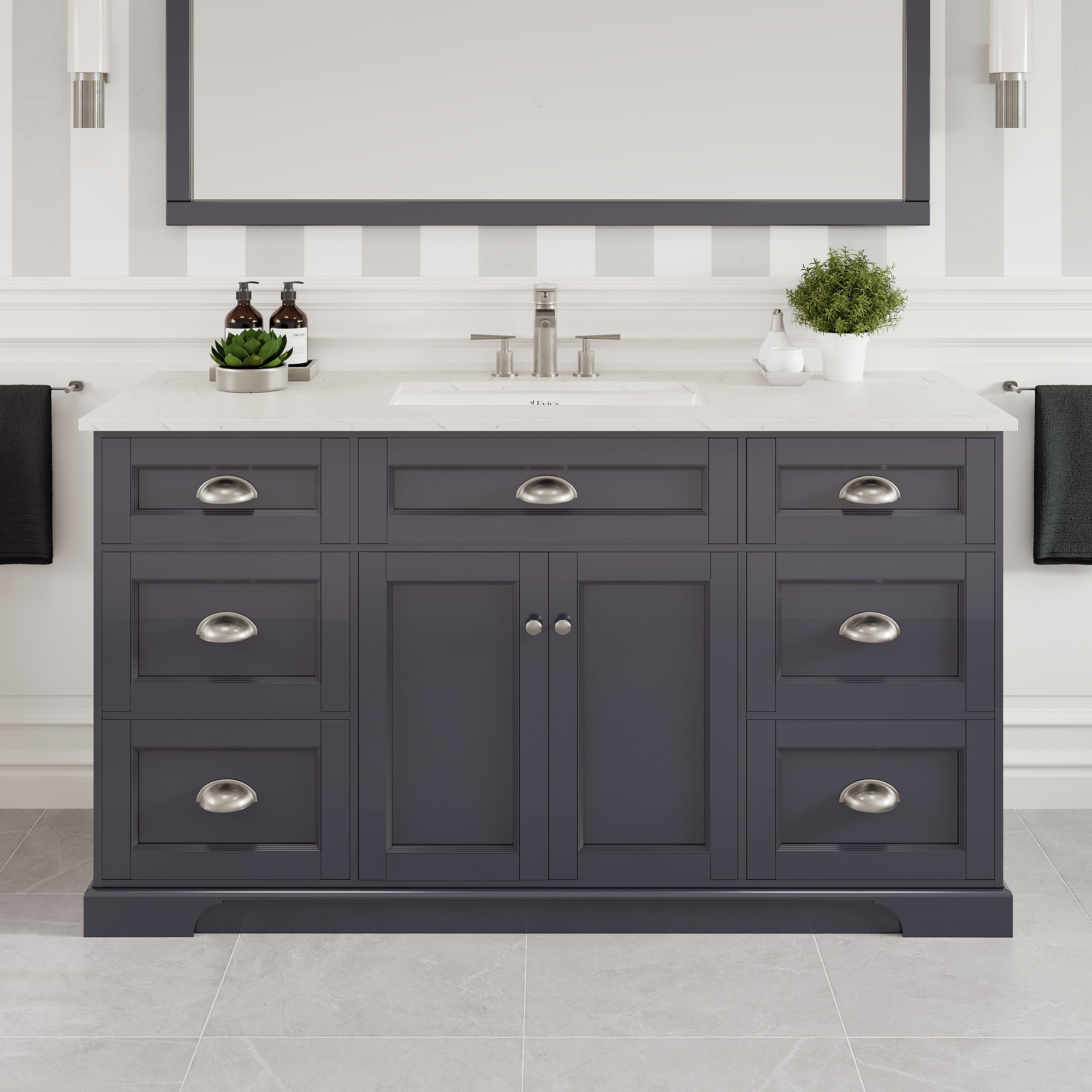 Eviva EVVN666-60CGR-SS Epic 60-in Charcoal Gray Undermount Single sink Bathroom Vanity with White Quartz Top