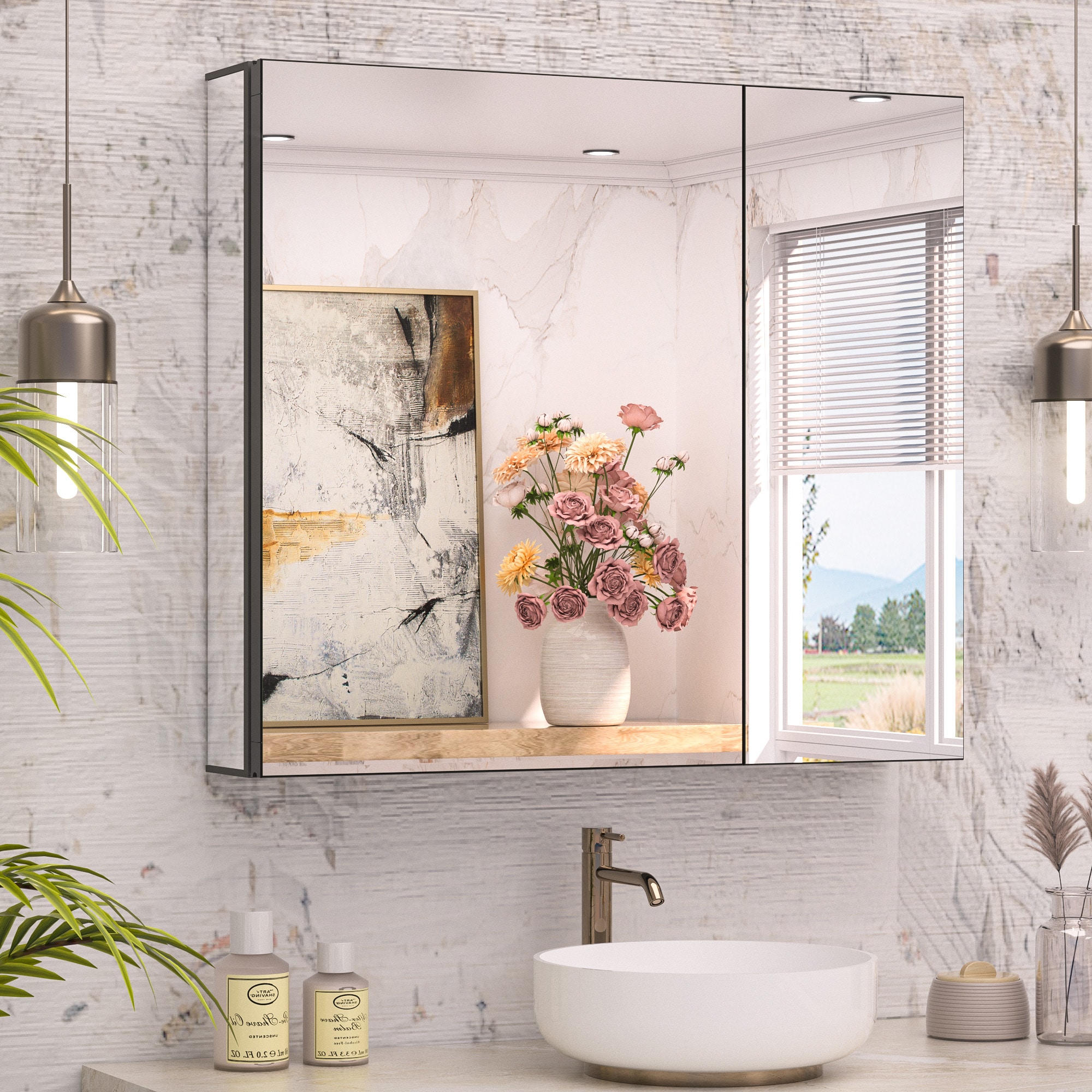 Keonjinn LW-JG-7566SI 30-in x 26-in Surface/Recessed Mount Sliver Mirrored Rectangle Soft Close Medicine Cabinet