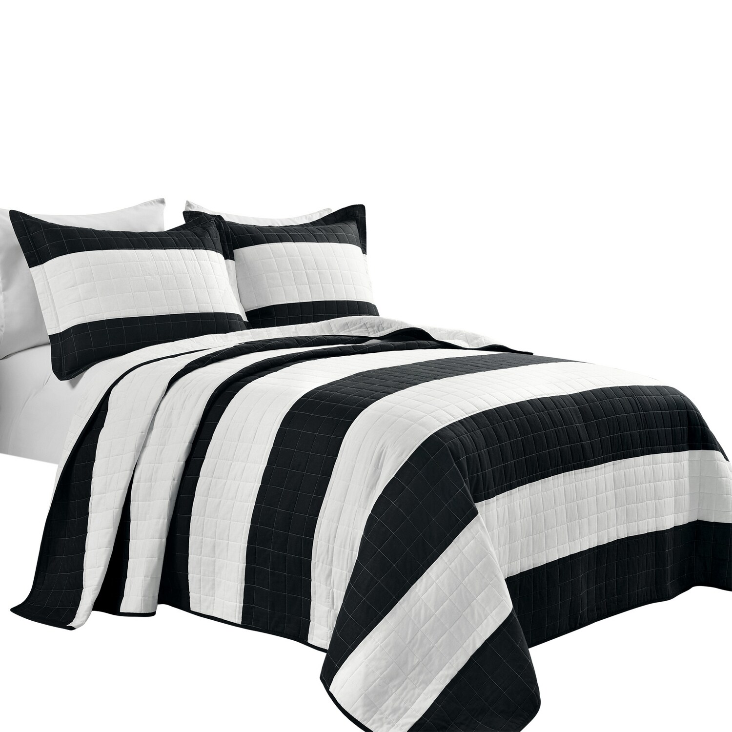 Black and White Striped Cotton Full Quilt Set