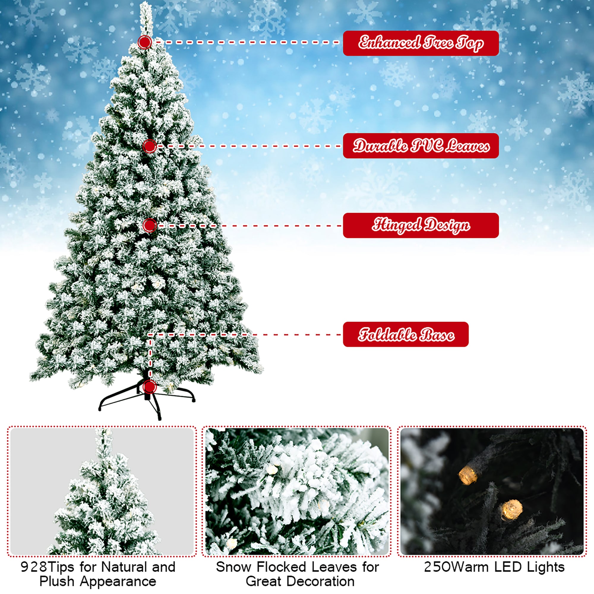 Costway 6-ft Pre-lit Flocked Silver Artificial Christmas Tree with LED ...