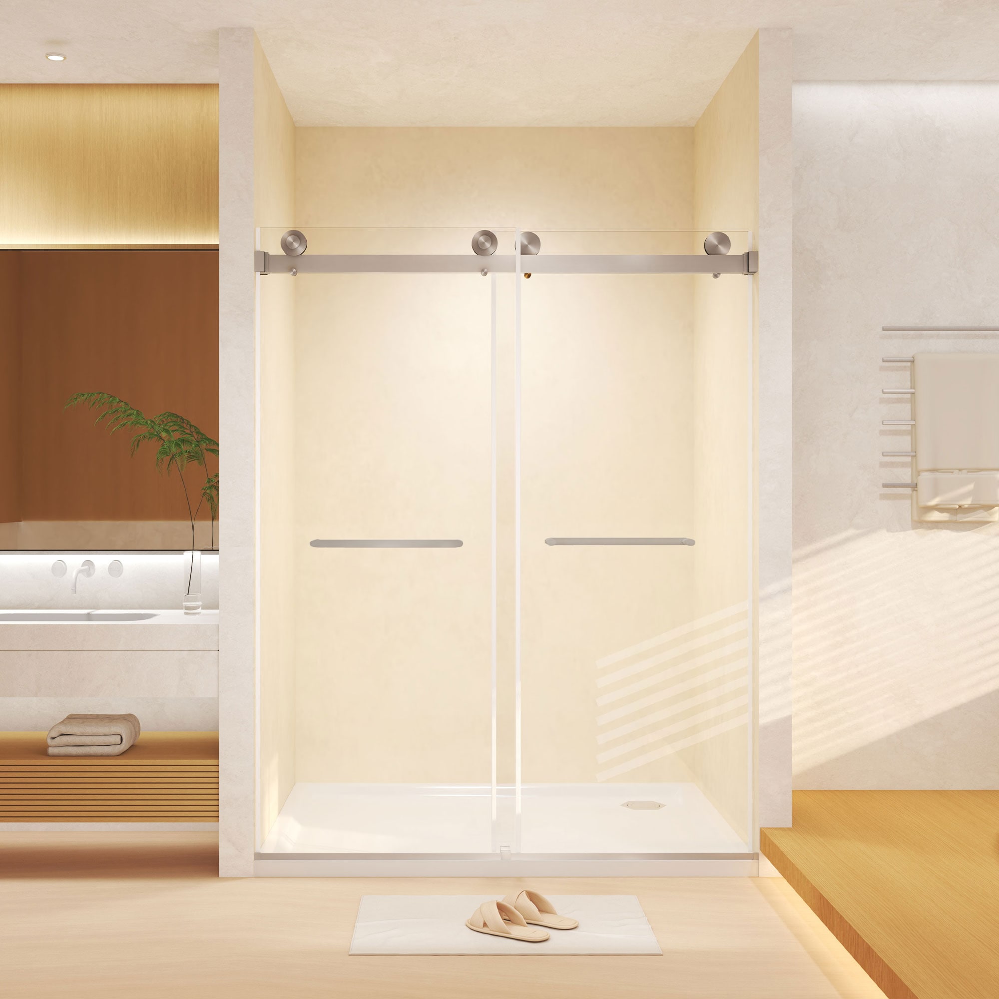 Dexmalle Brushed Nickel 56-in to 60-in W x 74-in H Frameless Double Sliding Shower Door 5/16-in Thick Clear Tempered Glass