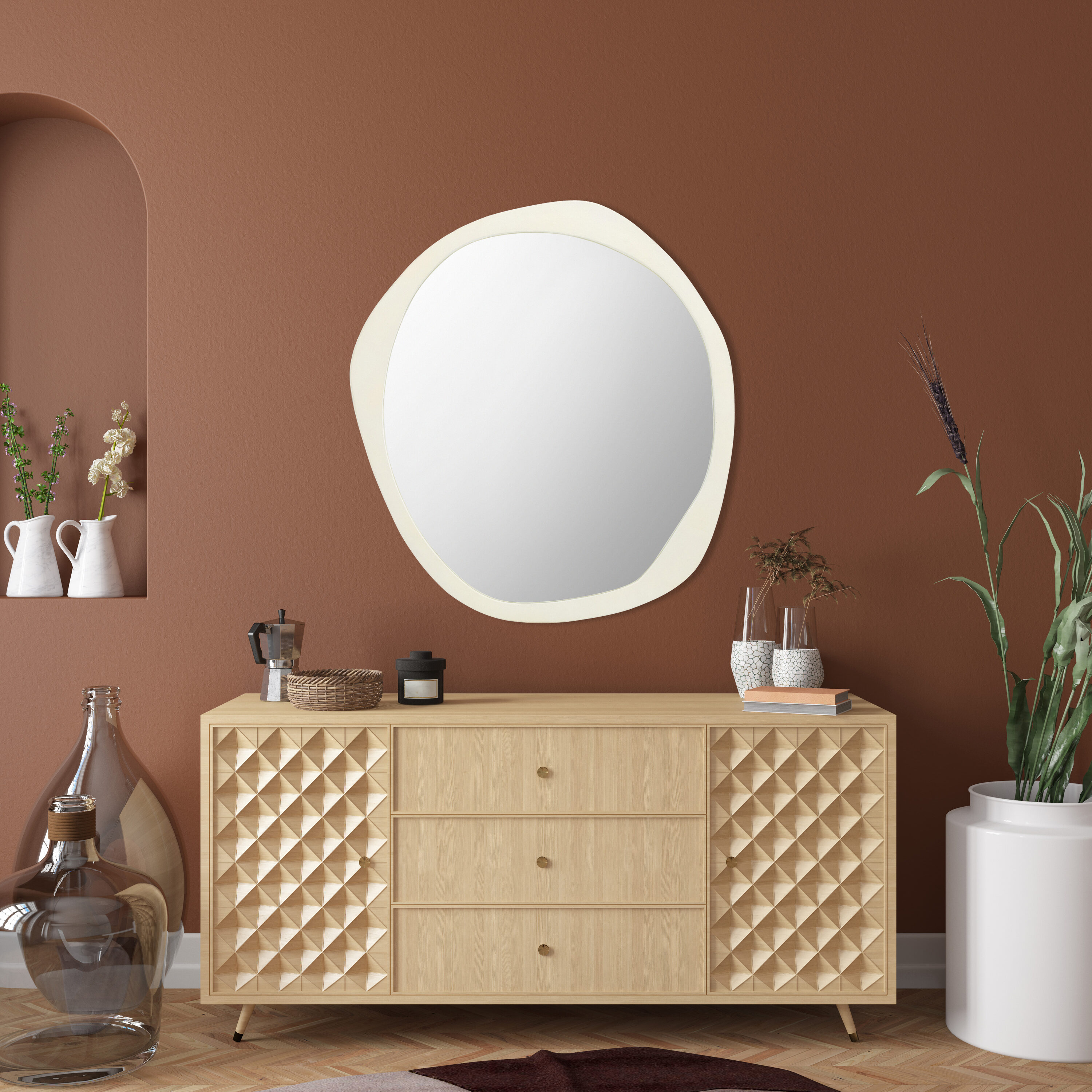 Playful Ivory Organic Border 29" Round Wood Frame Mirror