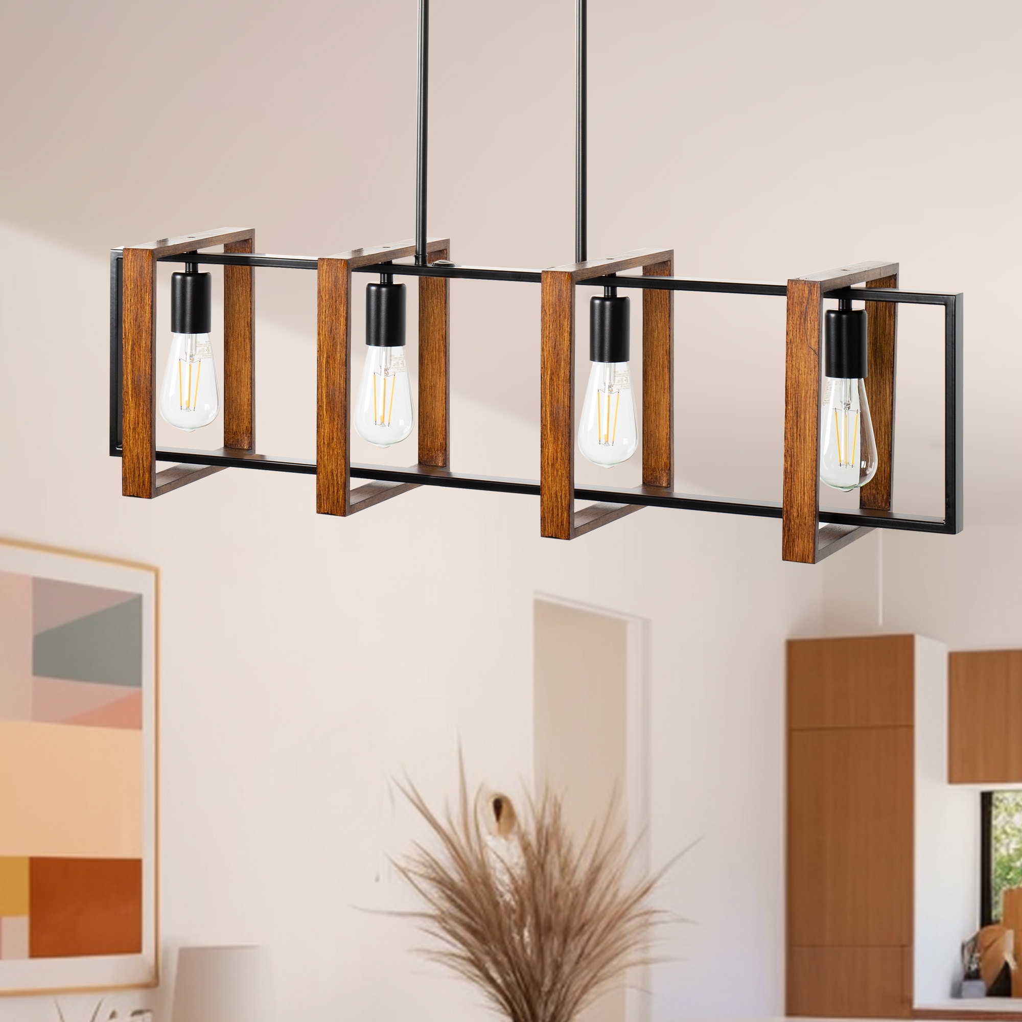 YANSUN L-DZ094 4 -Light Wood Mid-century Geometric Large Hanging Pendant light