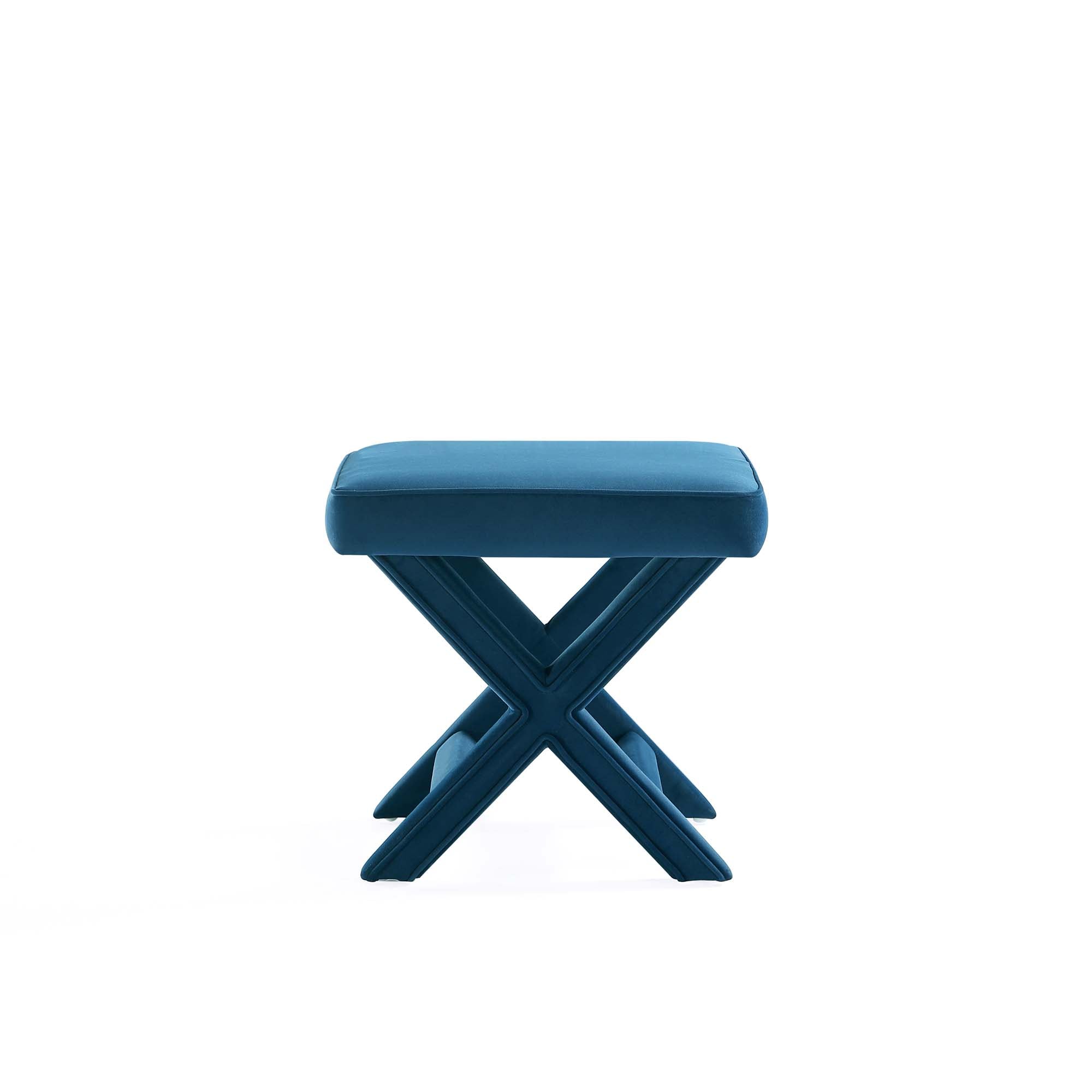 Abigail Blue Velvet Upholstered X-Base Ottoman