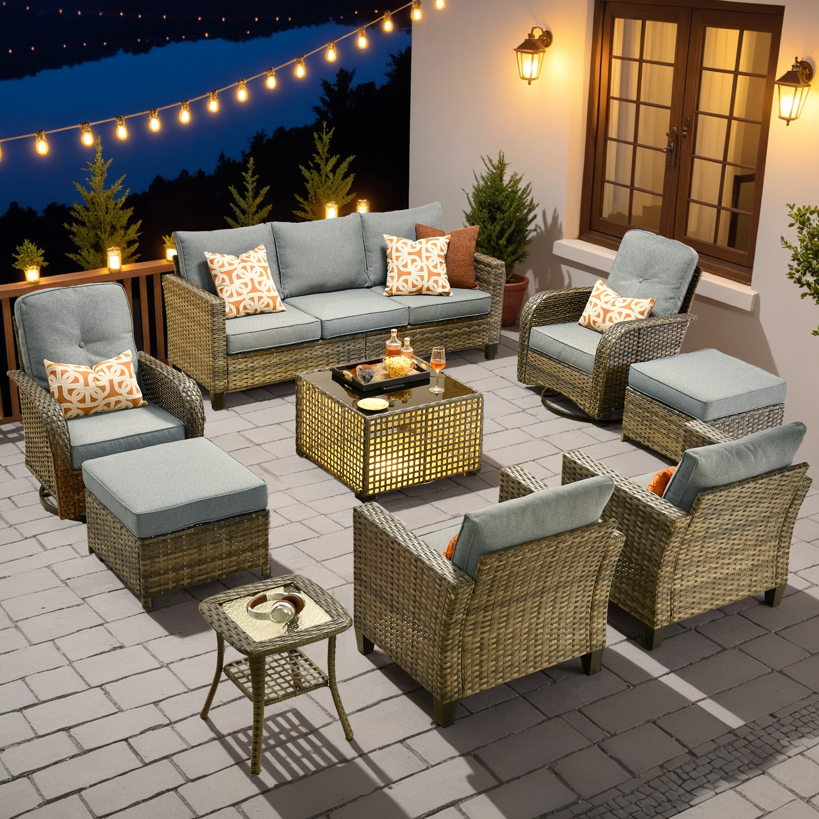 XIZZI XINGRS2093-GNCRC-OT Sapphire 9 -Piece Rattan Patio Sofa Conversation Set with Dark Gray Cushions