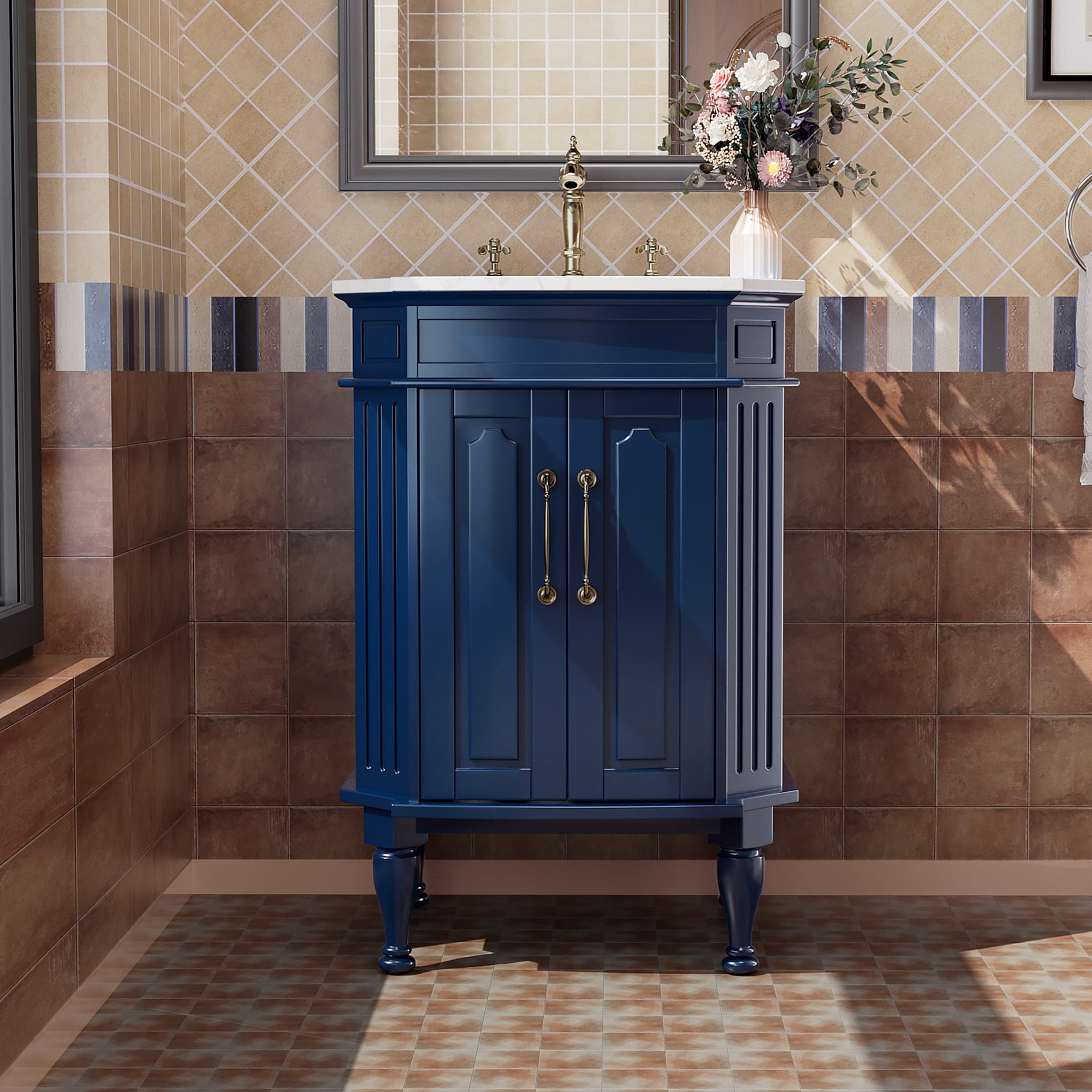 JEAREY GQSF-S-BK Bathroom vanties with top 24-in Blue Single Sink Bathroom Vanity with White Ceramic Top