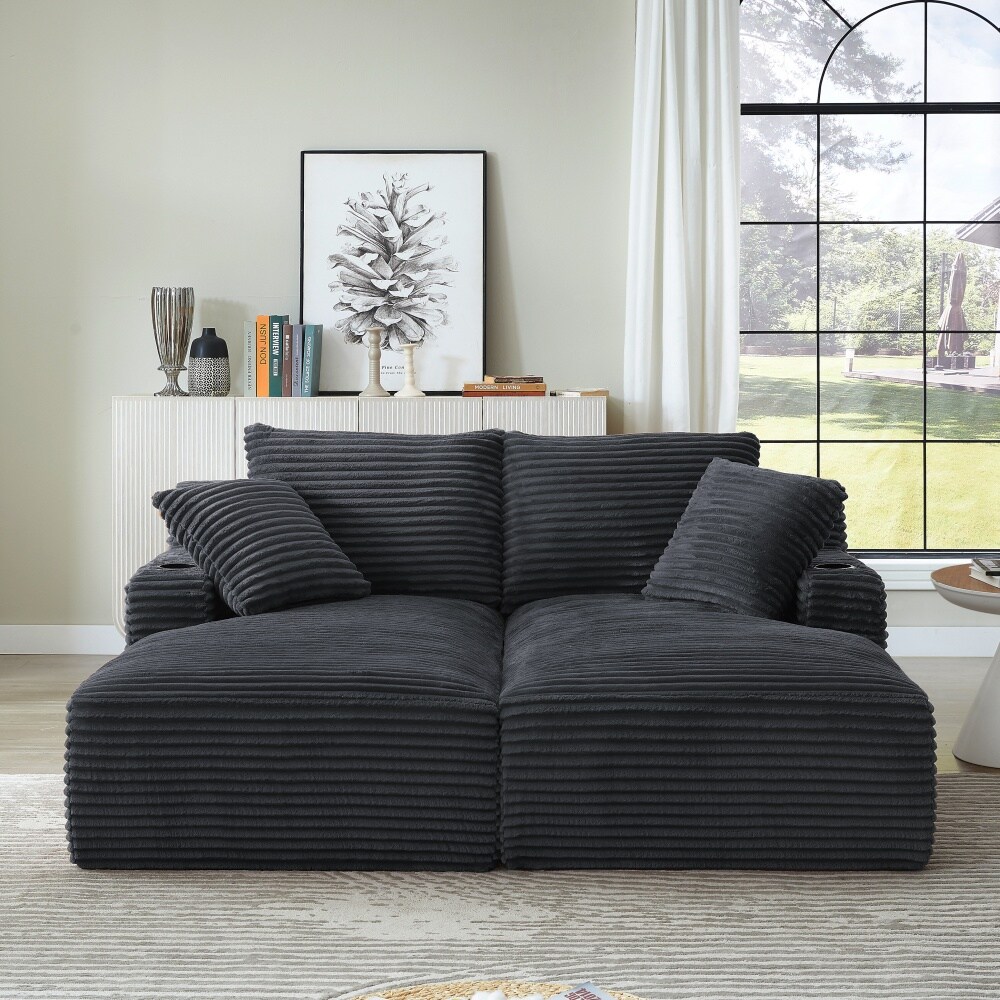 Mibranix Double Chaise Lounge with Cup Holders No Assembly Fluffy Modern Sleeper Loveseat for Living Room Bedroom Dark Gray Corduroy