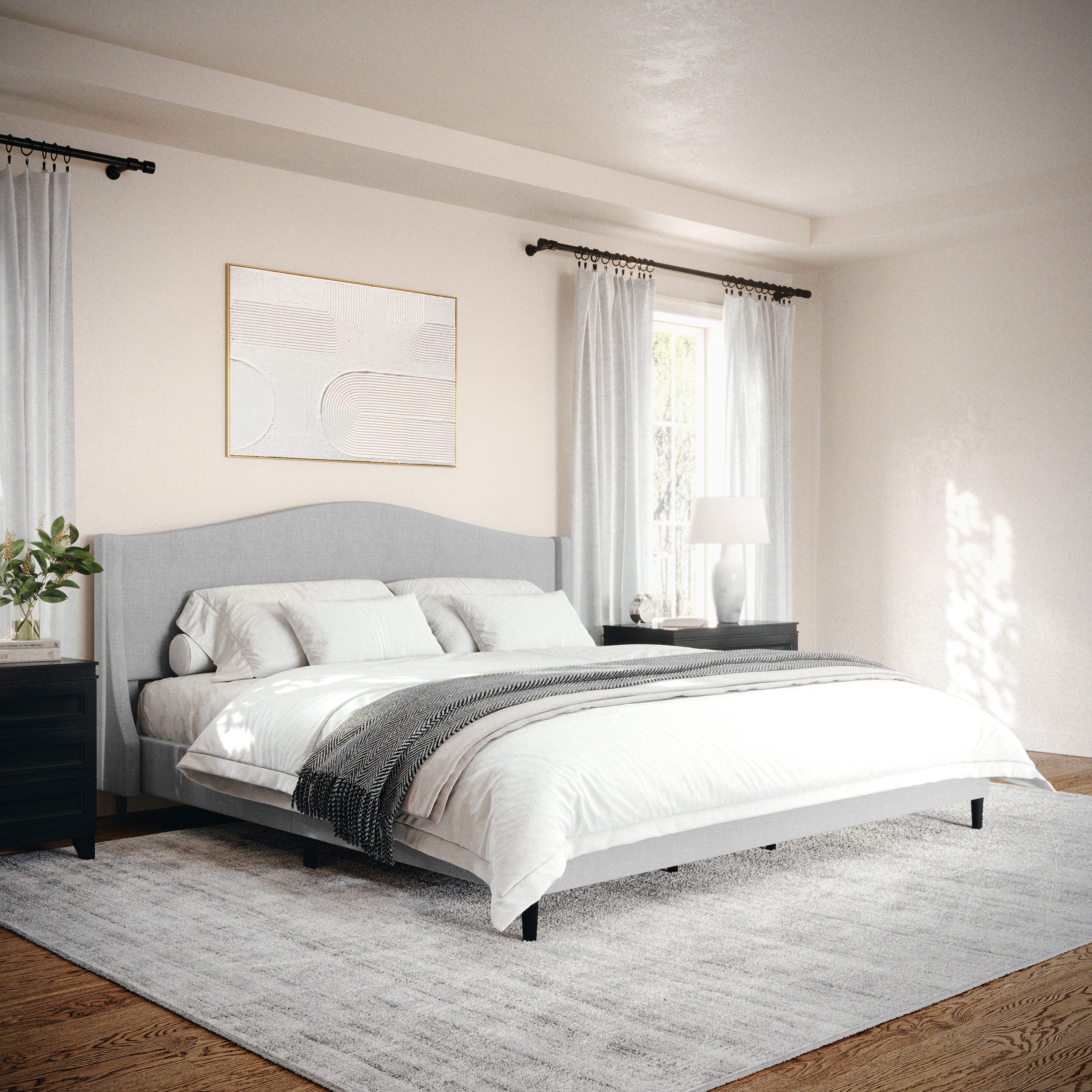 King Gray Linen Upholstered Platform Bed with Curved Headboard