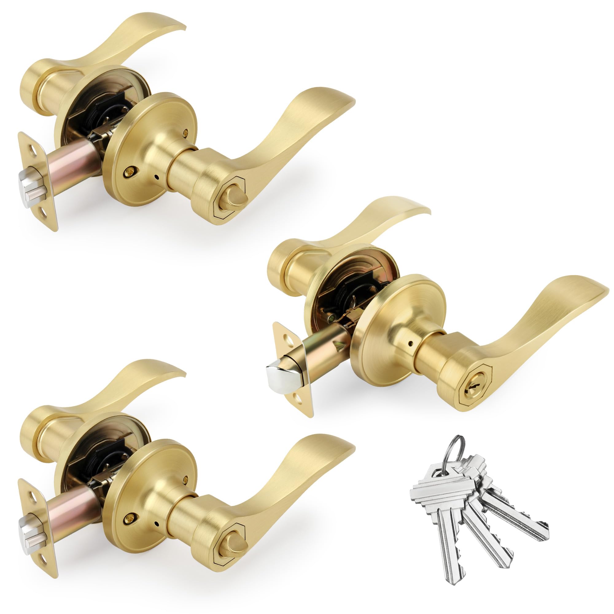 Aoibox  Wave Style Satin Brass Door Handles with Keyed Alike Locks Reversible Lever Design 3 Pack Set