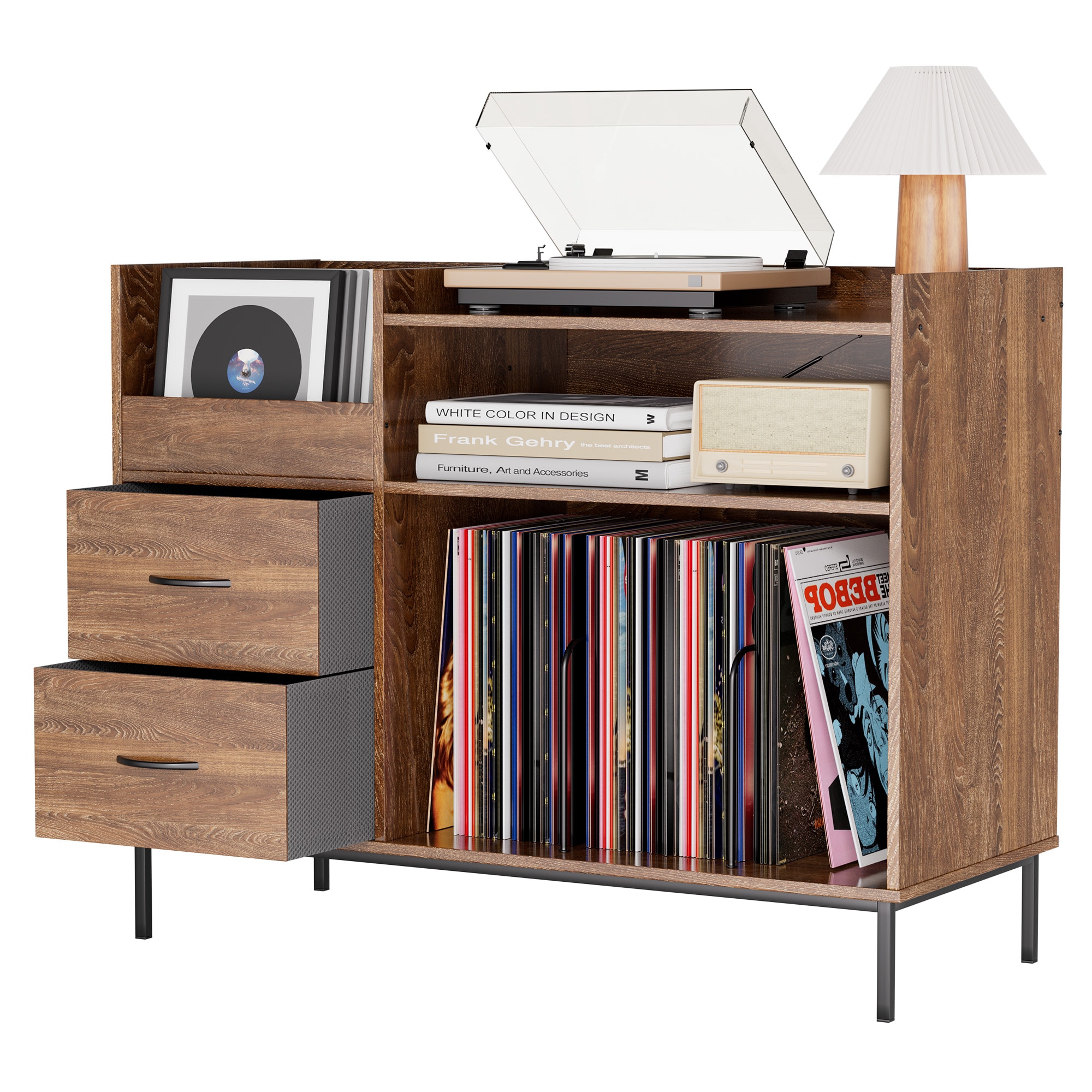 Siavonce Record Player Stand with Storage for 500+ Albums  Mid-Century Modern Turntable Shelf and Drawers  Sturdy Wood and Metal Audio Console for Living Room