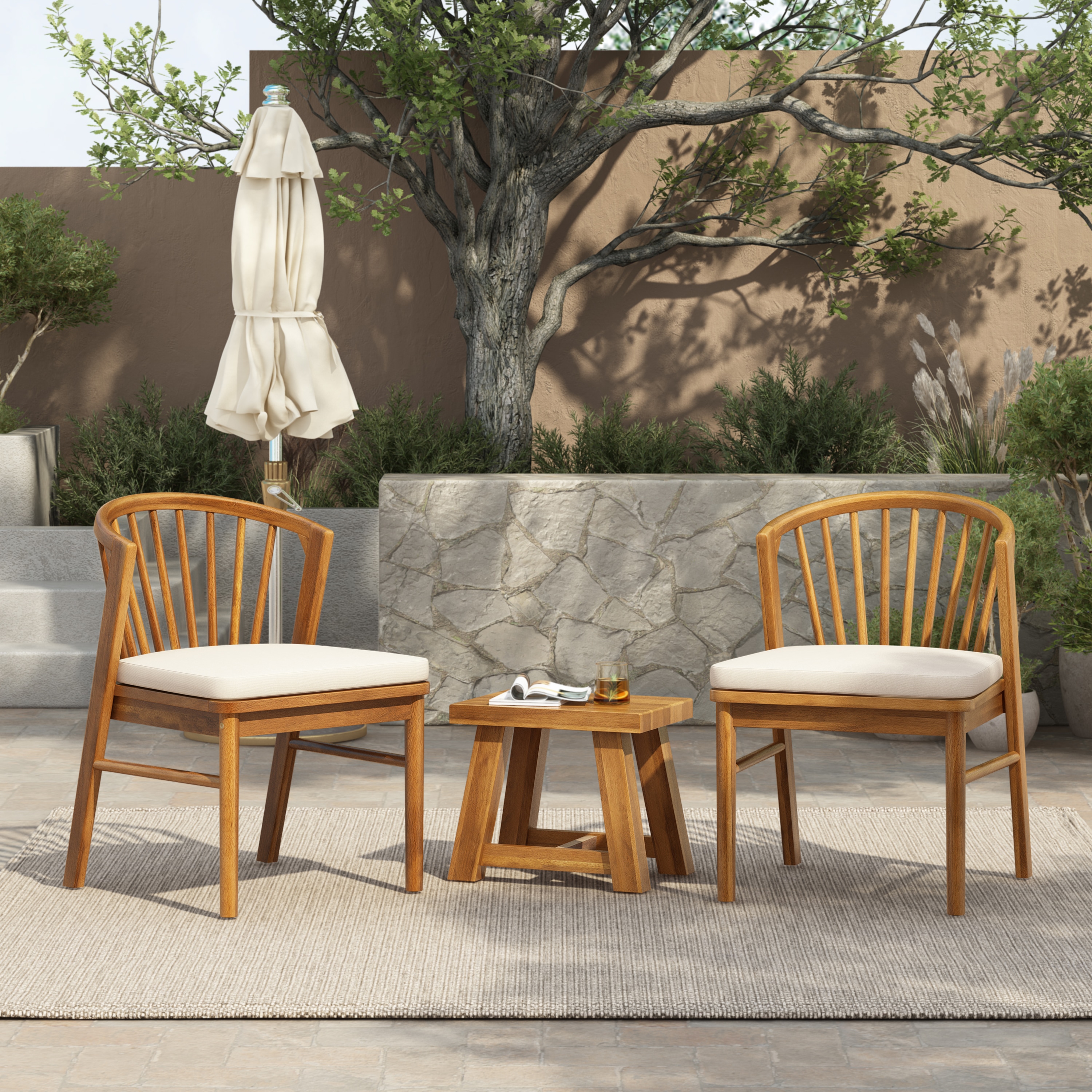 Christopher Knight Home Outdoor Acacia Wood Patio Dining Chairs with Cream Washable Cushion - Teak Set of 2