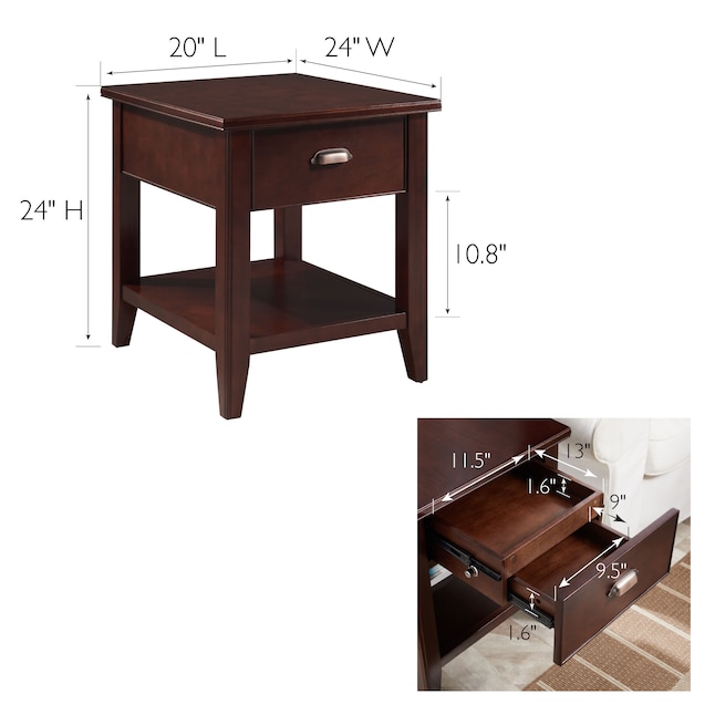 Lau Chocolate Cherry Wood End Table, Corner 3 Drawer End Table With Storage