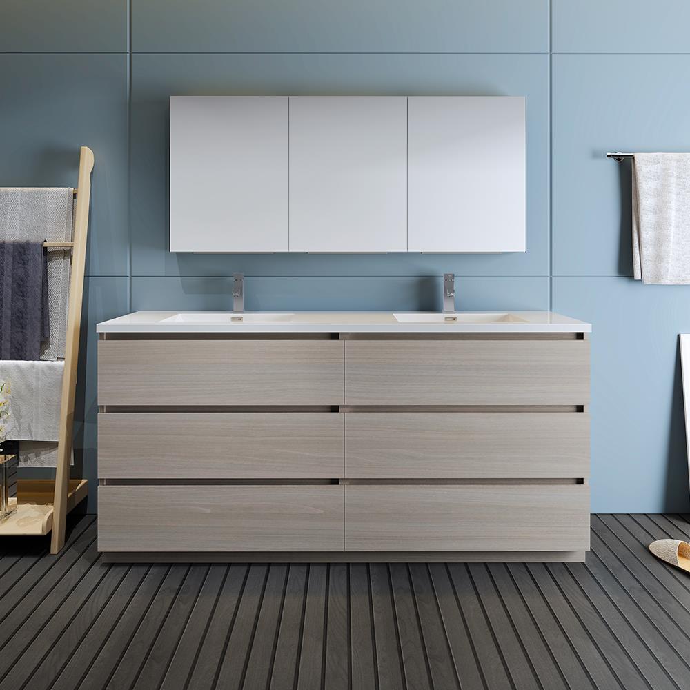 Contemporary 71" Gray Wood Double Sink Vanity Set with Acrylic Top