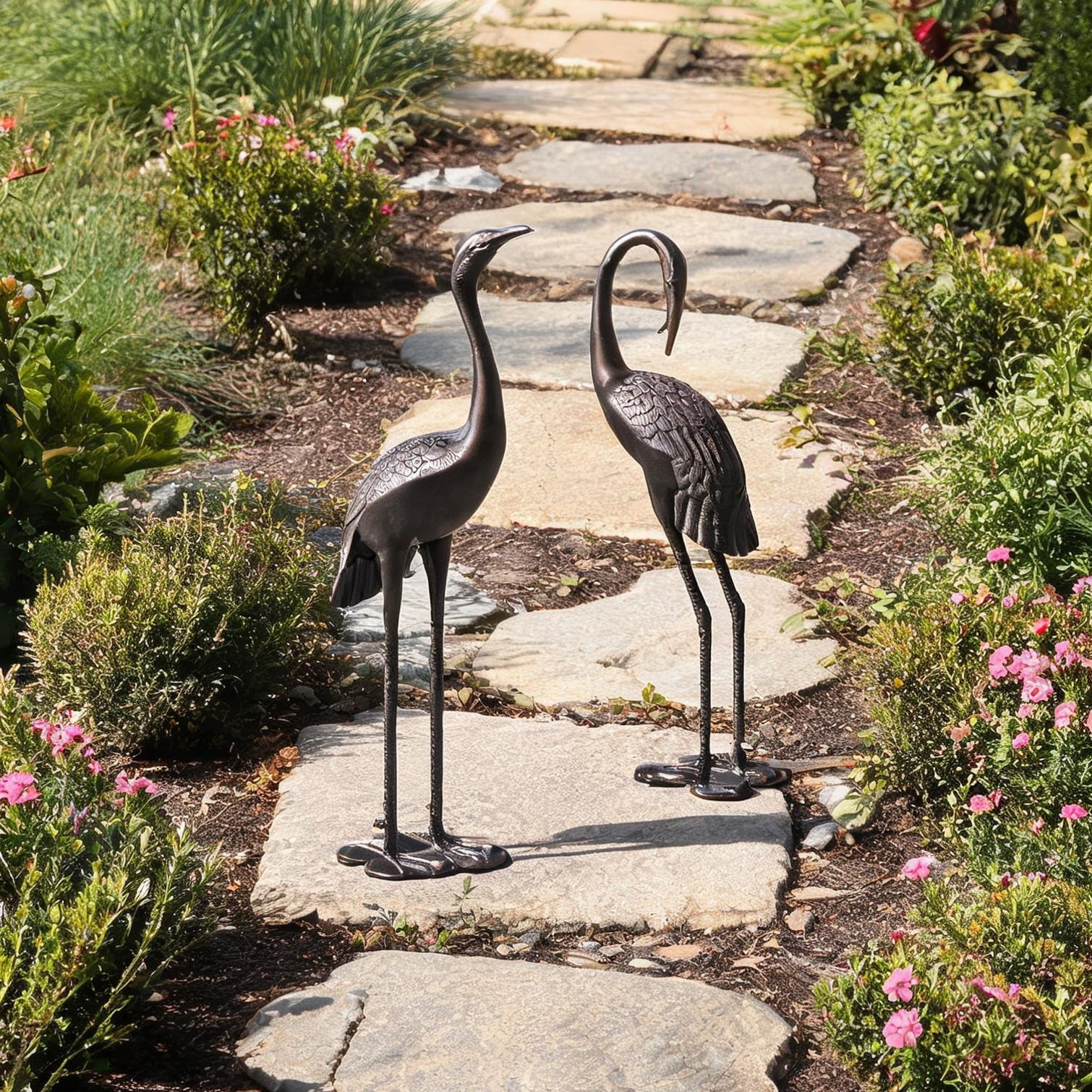FlowLuxe - Cast Aluminum Crane Duo Garden Statue Set in Dark Bronze Rust-Proof Outdoor Metal Decor