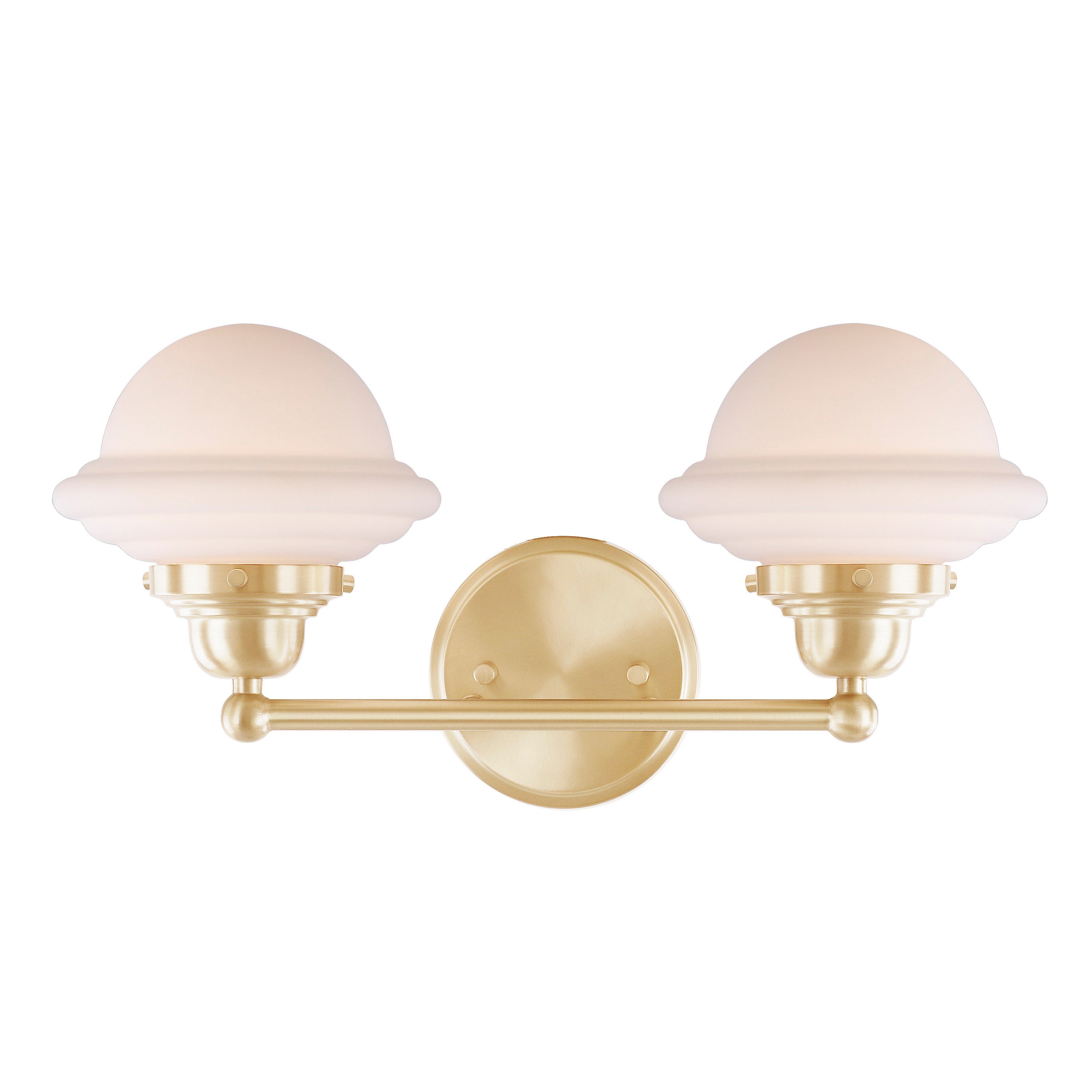 Warm Brass 2-Light Vanity Fixture with White Glass Shades