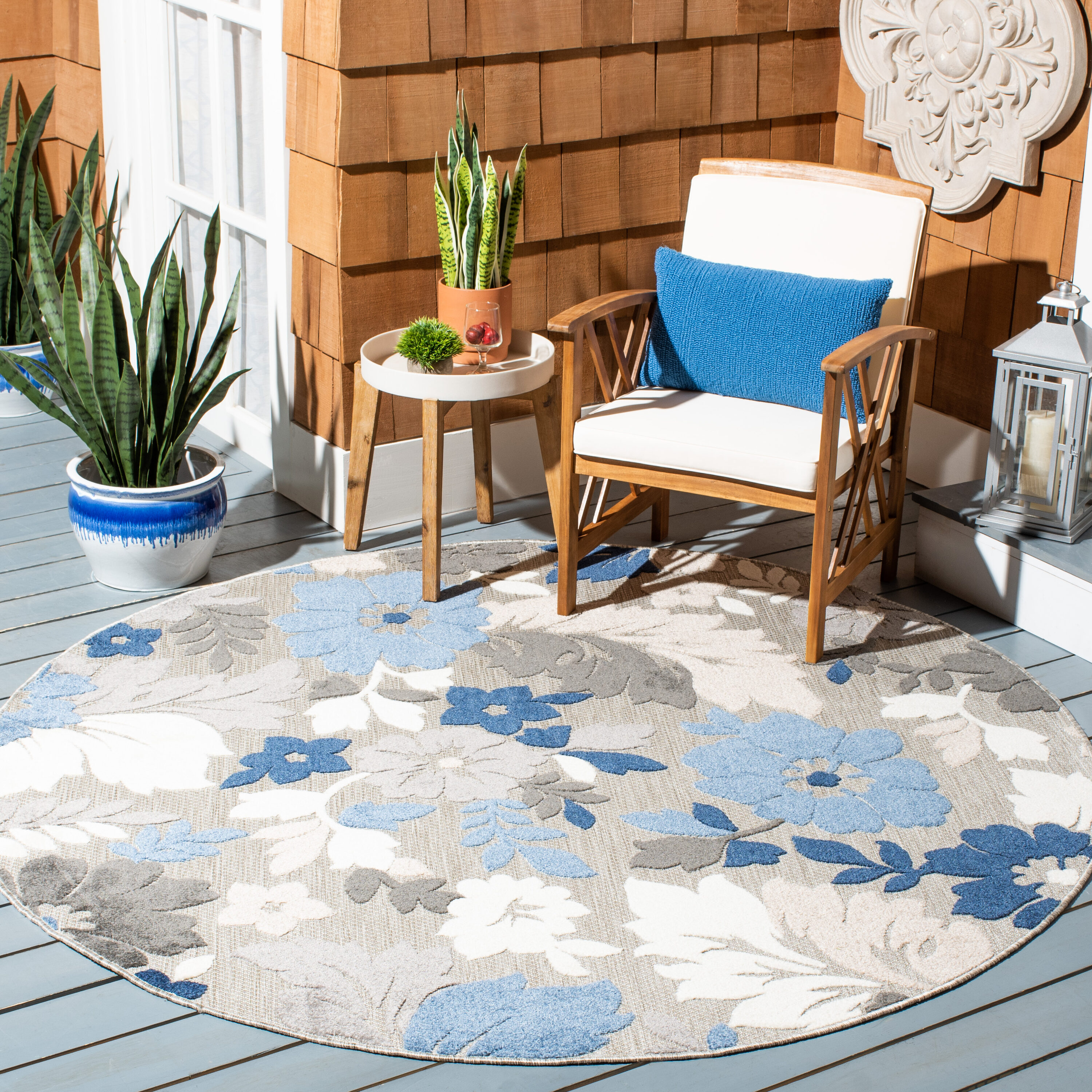 Safavieh CBN308F-7R Cabana 7 x 7 (ft) Loomed Synthetic Gray/Blue Round Indoor/Outdoor Floral Tropical Area rug