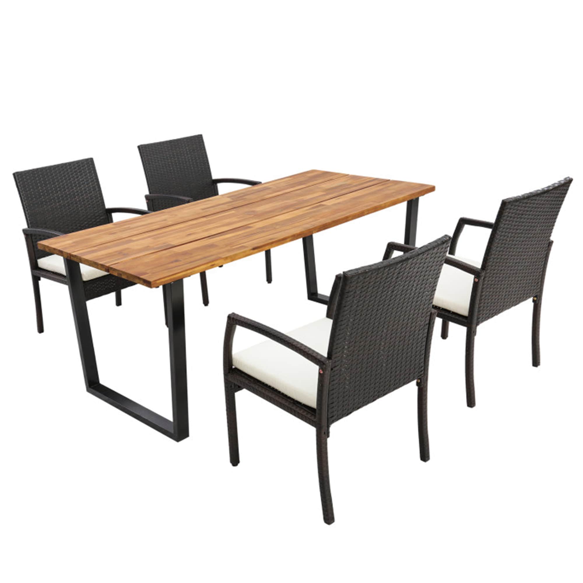 BABOOM BOM-6249ORBEIY Outdoor Furniture Set 5 -Piece Black Rattan Patio Dining Set Wood Rectangle Table with 4 Off-white Cushions Stationary Chairs