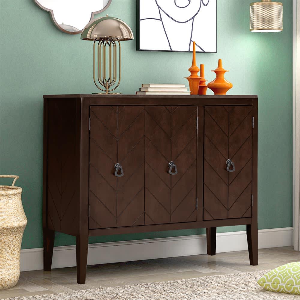 JUJABU DINCABINET-25 Brown Adjustable Shelf Storage Sideboard with 3 Retro Metal Handles and 5 Pinewood Legs for Entryway