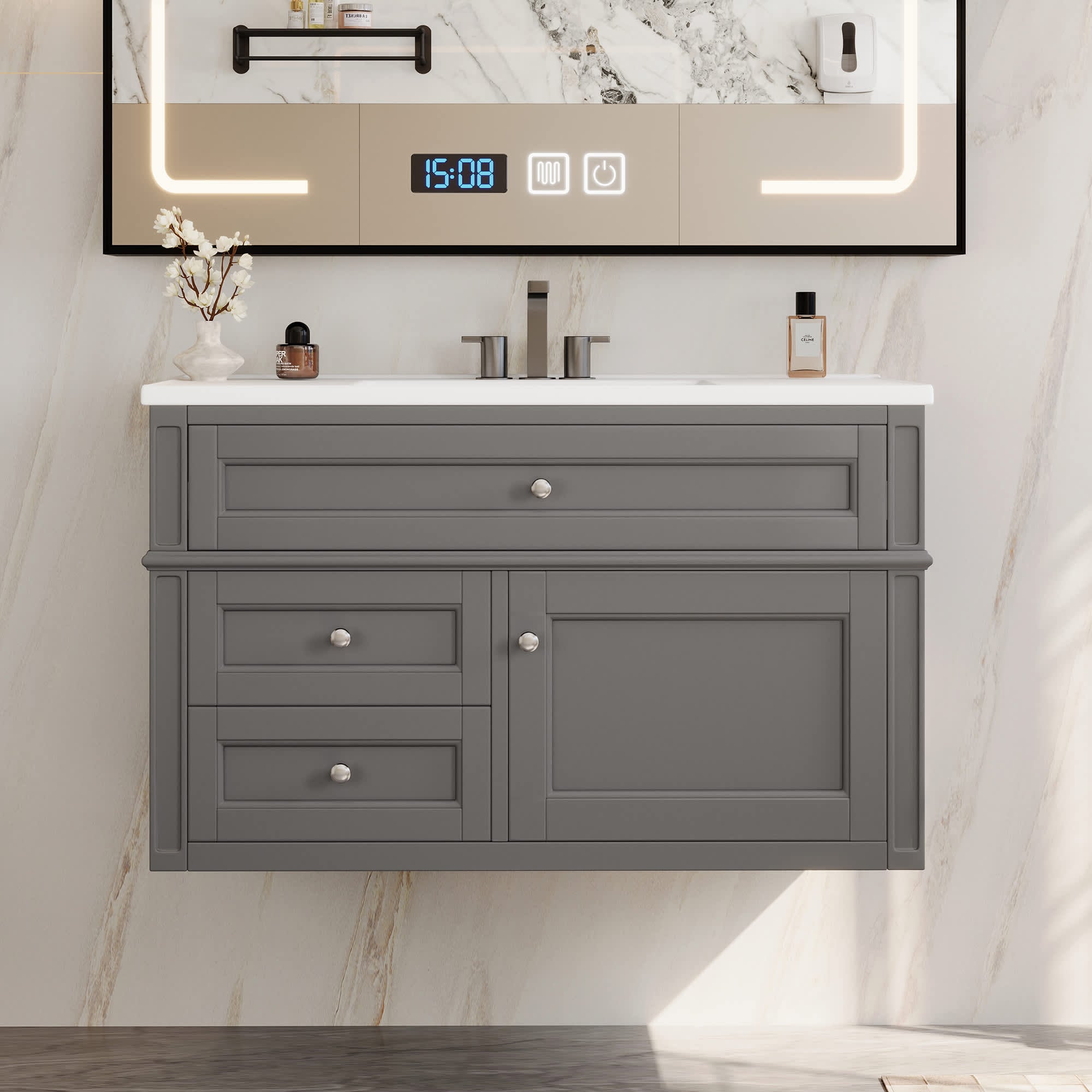 MooxvMoo 36-in Wall Mounted Bathroom Vanity Floating Bathroom Storage Cabinet with Ceramic Sink (Gray) #MXVOC290