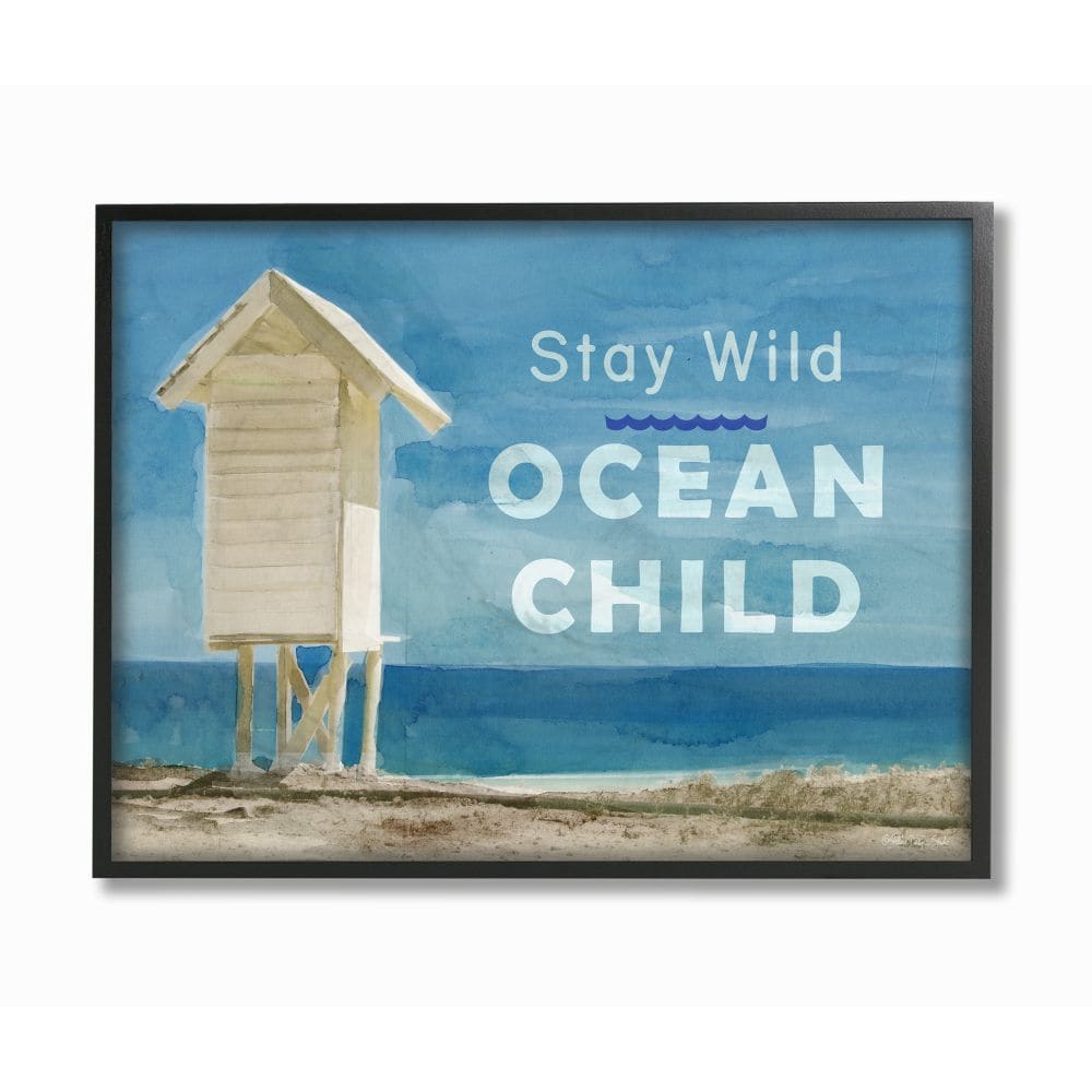 Stupell Industries Stay Wild Ocean Child Text with Beach Stand Stellar Design Studio Framed 30-in H x 24-in W Inspirational Print in Blue -  AB-902-FR-24X30