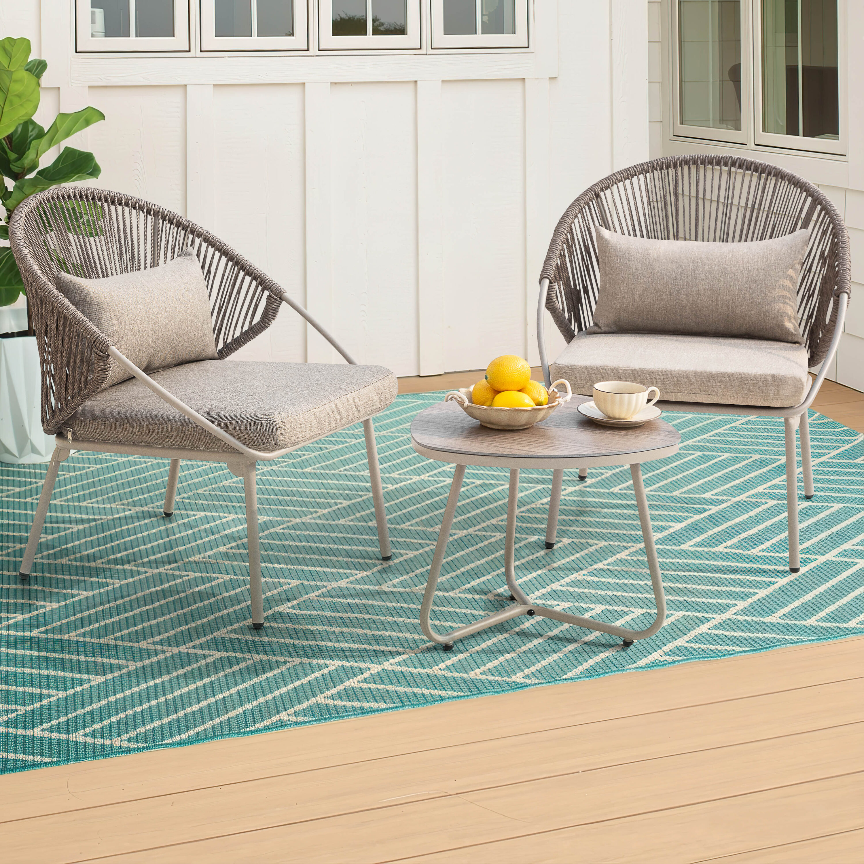 3 -Piece Wicker Patio Conversation Set with Gray Cushions