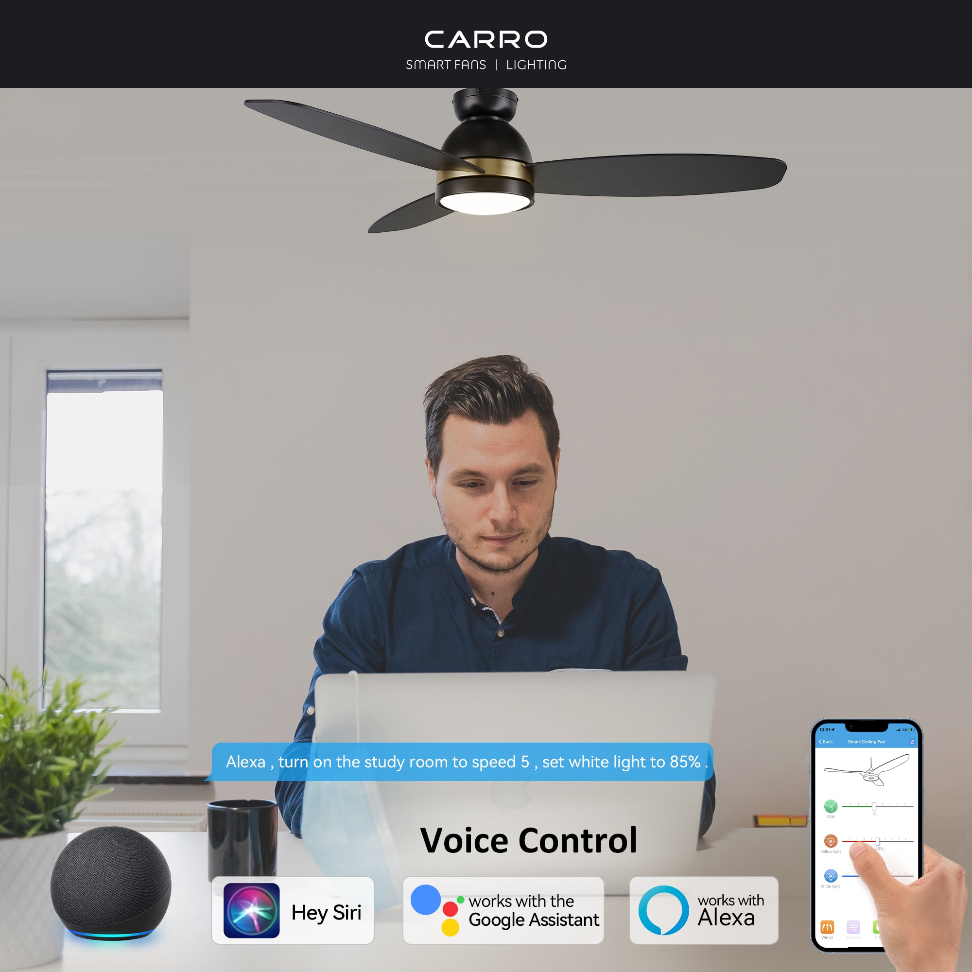 CARRO USA Biscay 52-in Black Indoor/Outdoor Flush Mount Smart Ceiling Fan with Light and Remote (3-Blade) LS523Q5-L12-B2-1-FM Sansujyuku sansujyuku.com