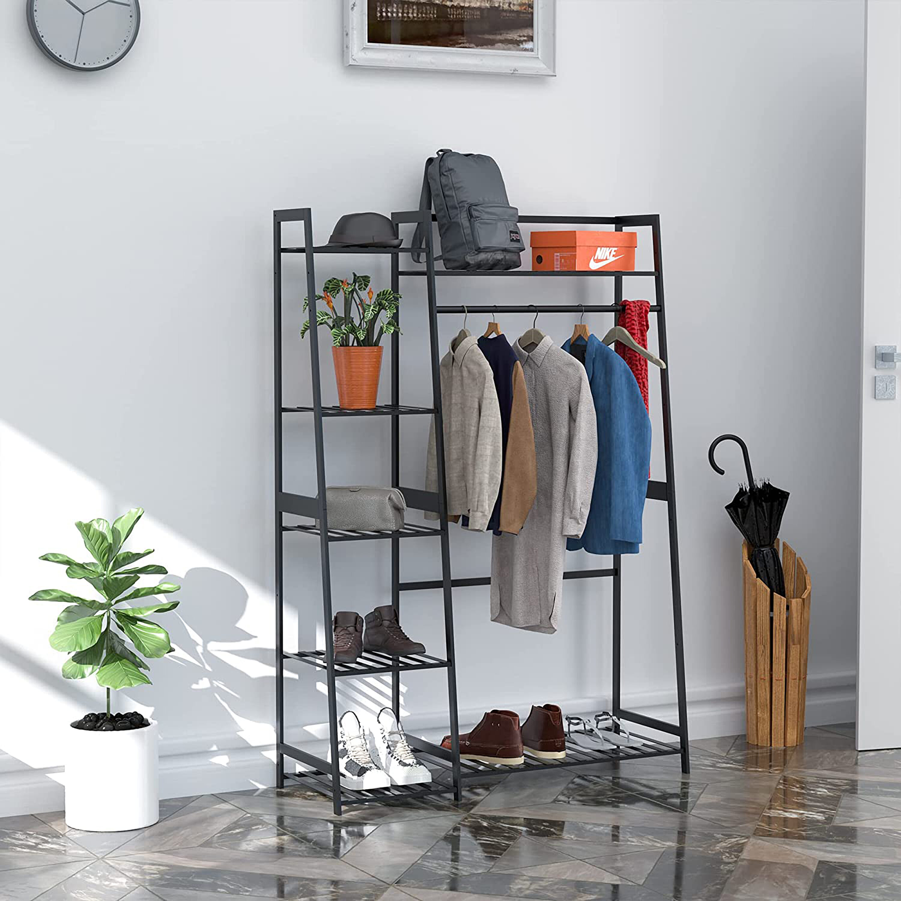 Black/ White Modern Clothes Garment Rack,Metal and Wood Closet