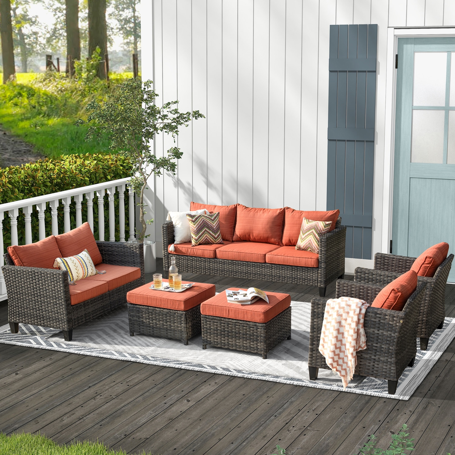Ovios LGRS806 6 -Piece Wicker Patio Sofa Conversation Set with Orange Cushions