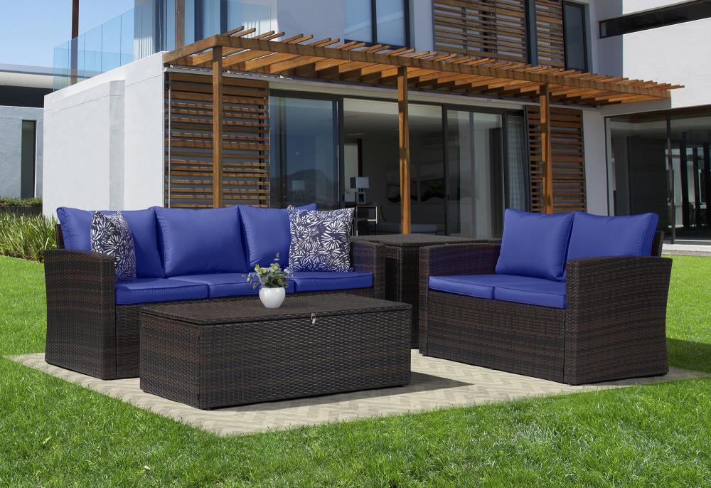 EDYO LIVING HY3611DBBL Best home choice 4 -Piece Wicker Patio Sofa Conversation Set with Blue Cushions