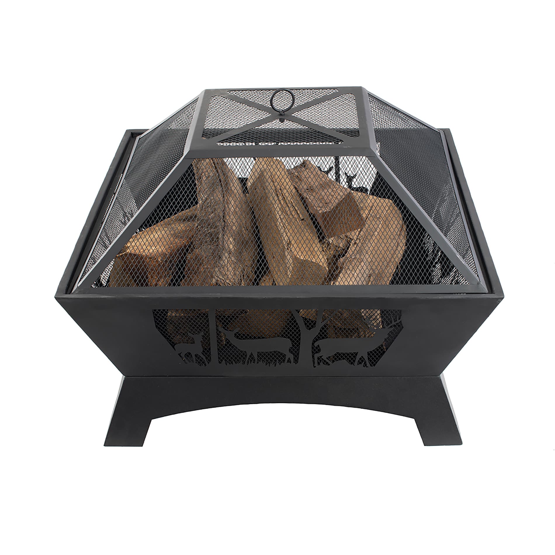 Black Steel 28" Square Wood-Burning Fire Pit with Decorative Cutouts