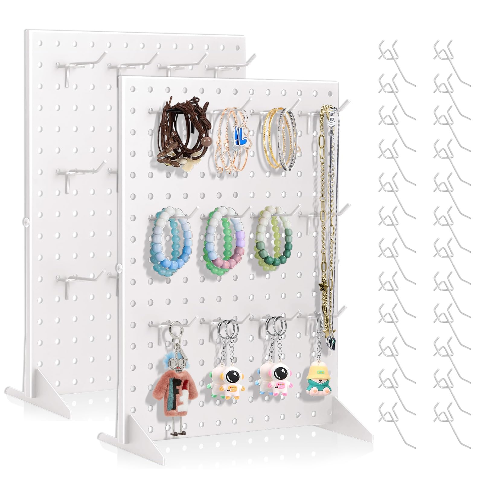 Vrbgify  2 pack peg board display stand with 24 hooks metal tabletop organizer white 17 x 13 inch for craft shows retail jewelry keychains and