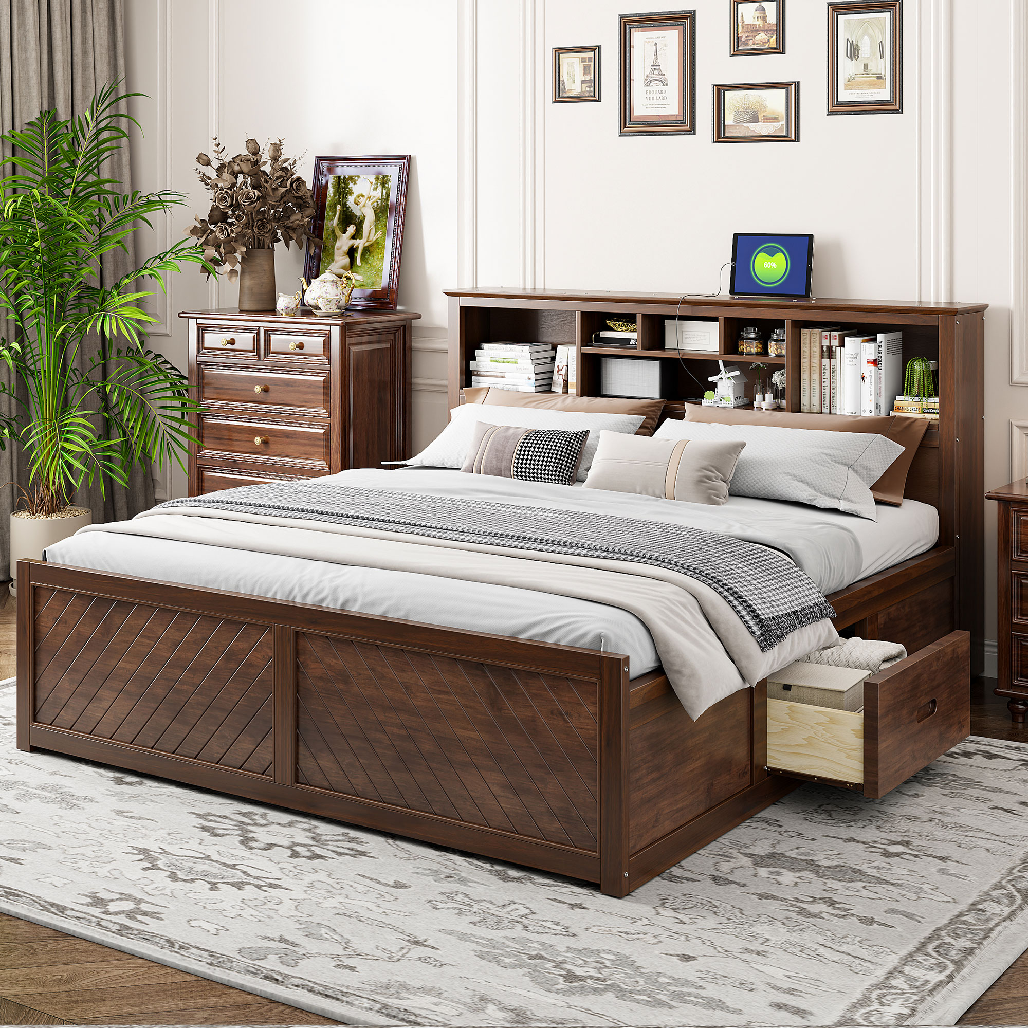 GDFStudio 337579 Asher Wood King Platform Bed with Multi Storage Headboard USB and Drawers Wood