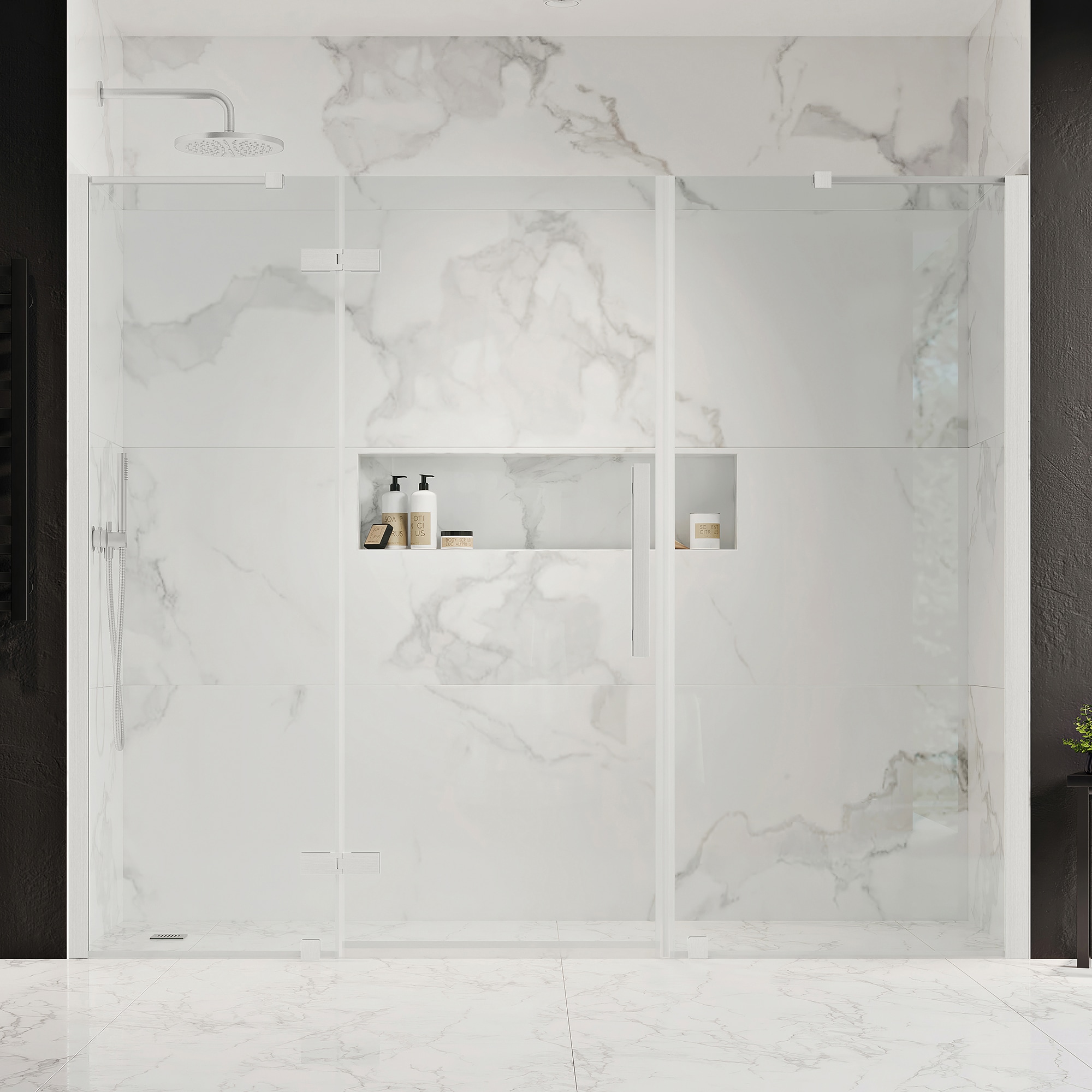 OVE Decors 828796055185 Tampa Satin nickel 79-in to 81-3/8-in W x 72-Inches H Frameless Pivot Shower door 5/16-in Thick Clear Glass