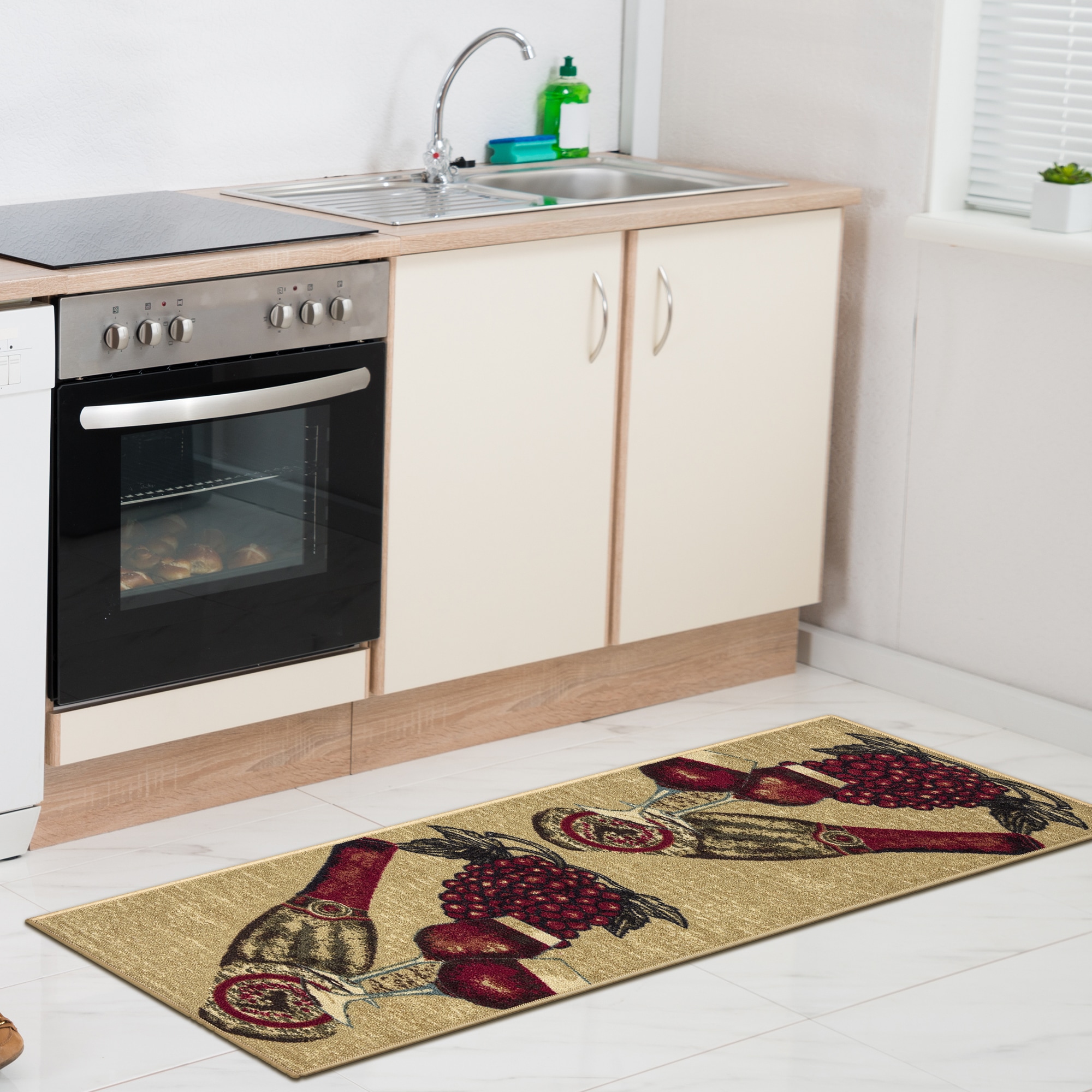 Ottomanson KTC8082-20X59 Siesta Kitchen 2 x 5 (ft) Loomed Nylon Beige/Red Wine Rectangular Indoor Abstract Mid-Century Modern Runner rug