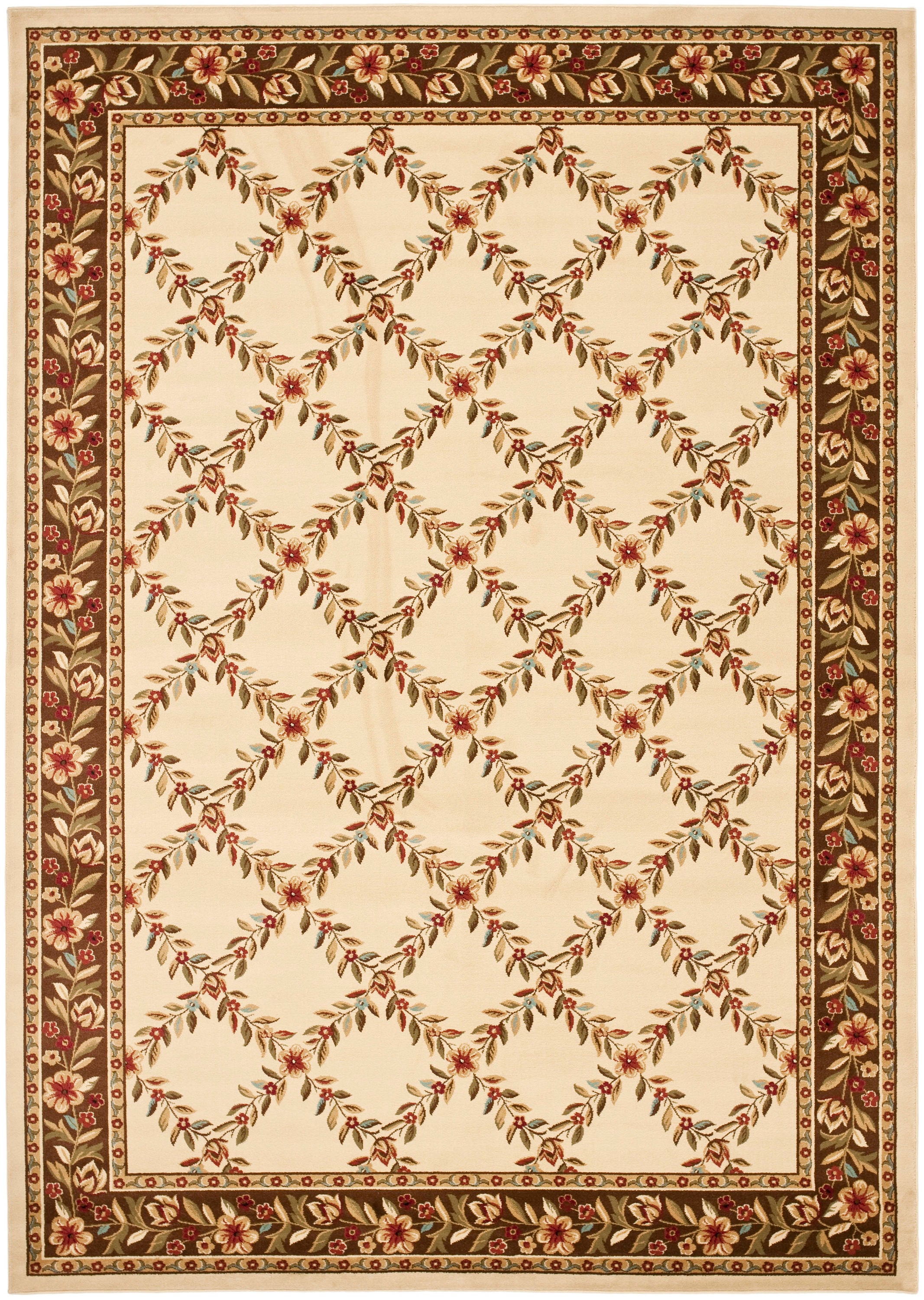 Ivory and Brown Floral Border Medium Pile Area Rug
