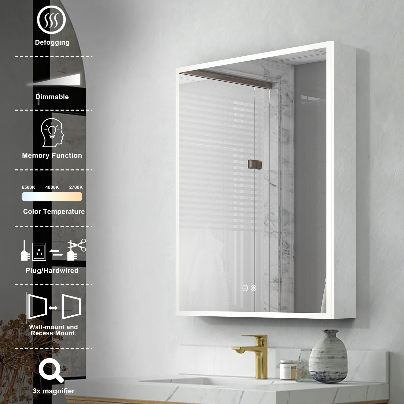 Forclover 24-in x 30-in Lighted LED Fog Free Surface/Recessed Mount Silver Mirrored Soft Close Medicine Cabinet with Outlet