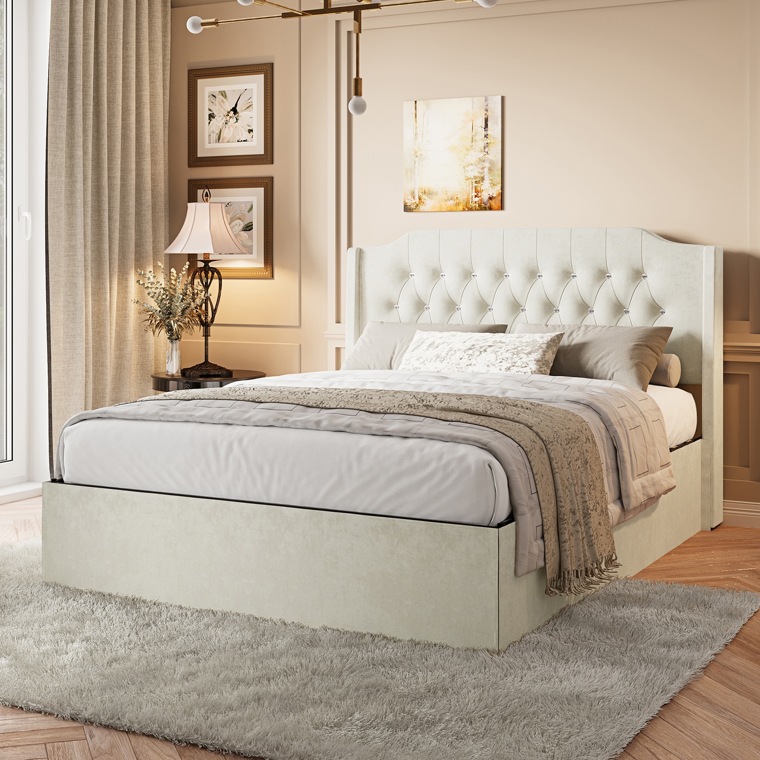GZMR YDIN00715FWH Queen Size Tufted Upholstered Bed Frame Beige Queen Wood and metal Bed frame Bed