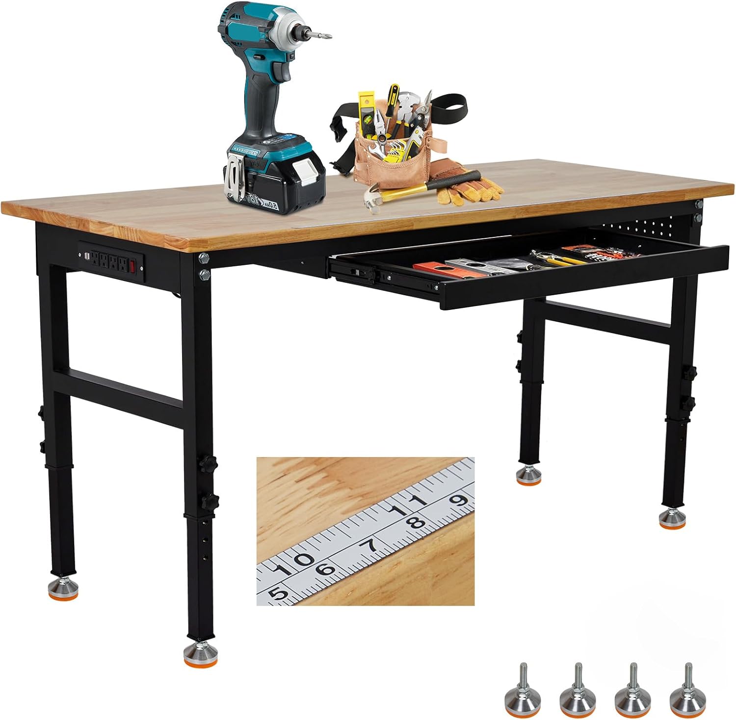 GAOMON - 60 In Adjustable Workbench with Power Outlet Drawer and Pegboard 2000 lbs Heavy Duty Gar...