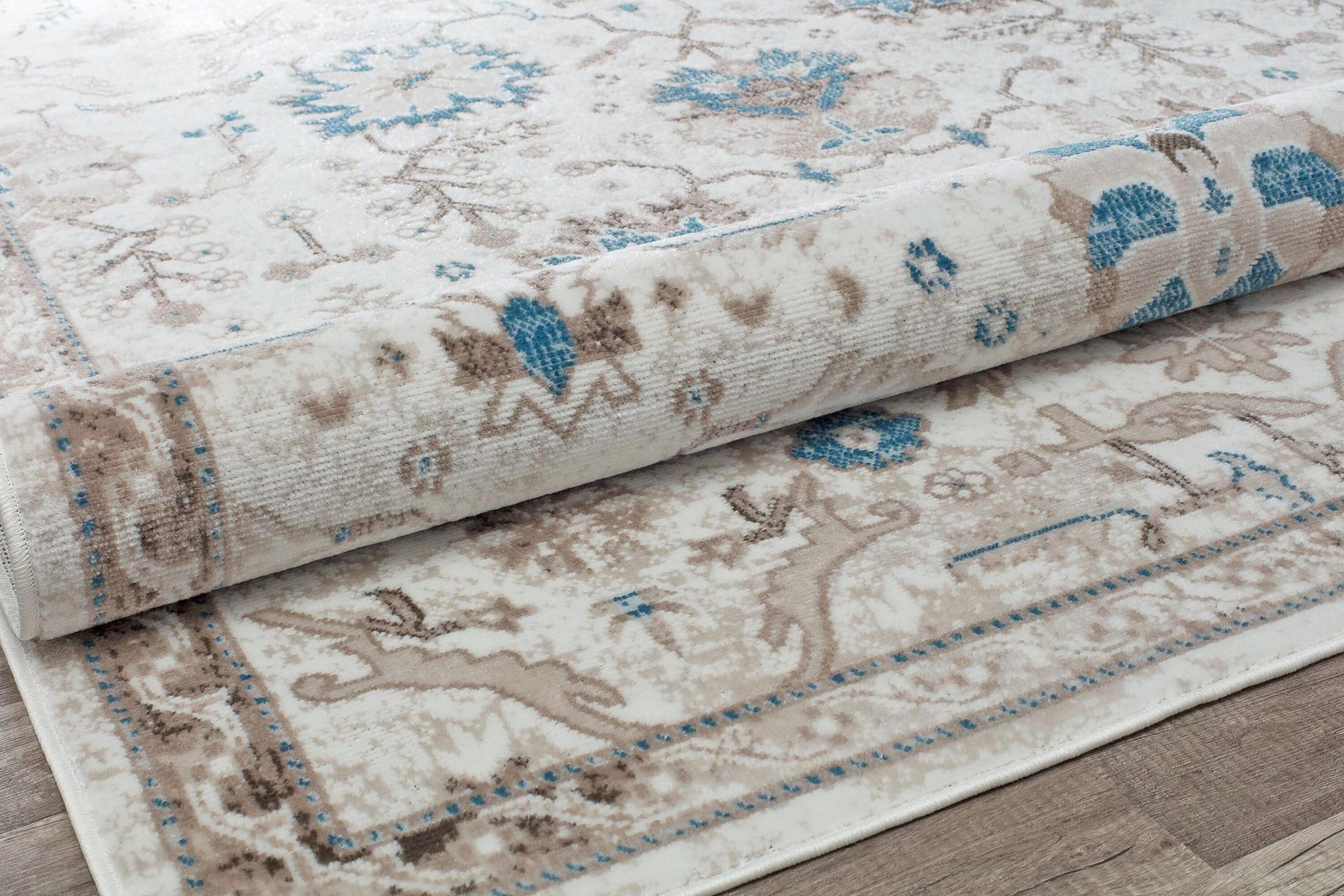 Honeysuckle Cream and Blue Synthetic Rectangular Area Rug