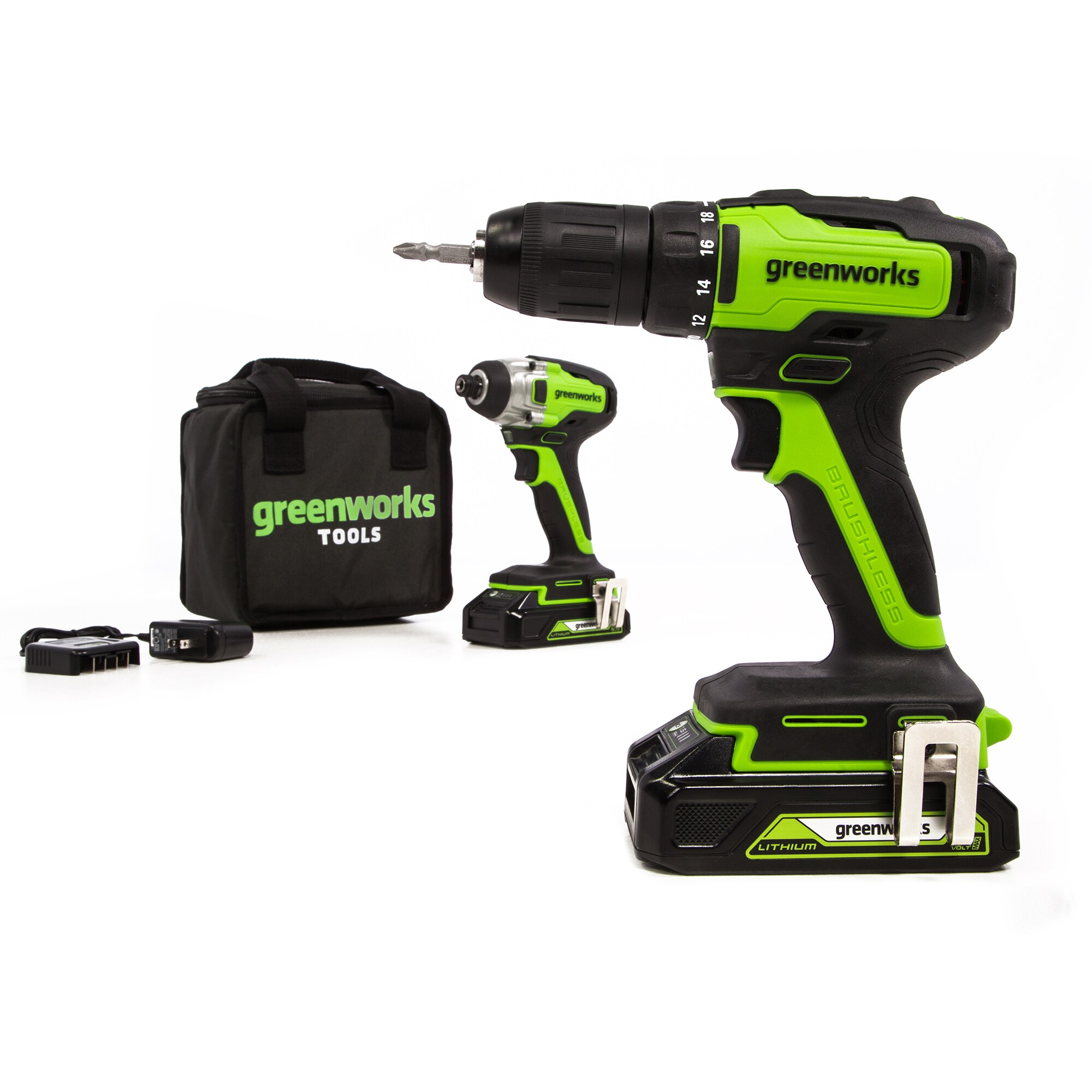 greenworkstools-24V Brushless Drill Kit w/ (2) 2Ah Batteries and Charger, 8-Piece Bit Set and Tool Bag Included