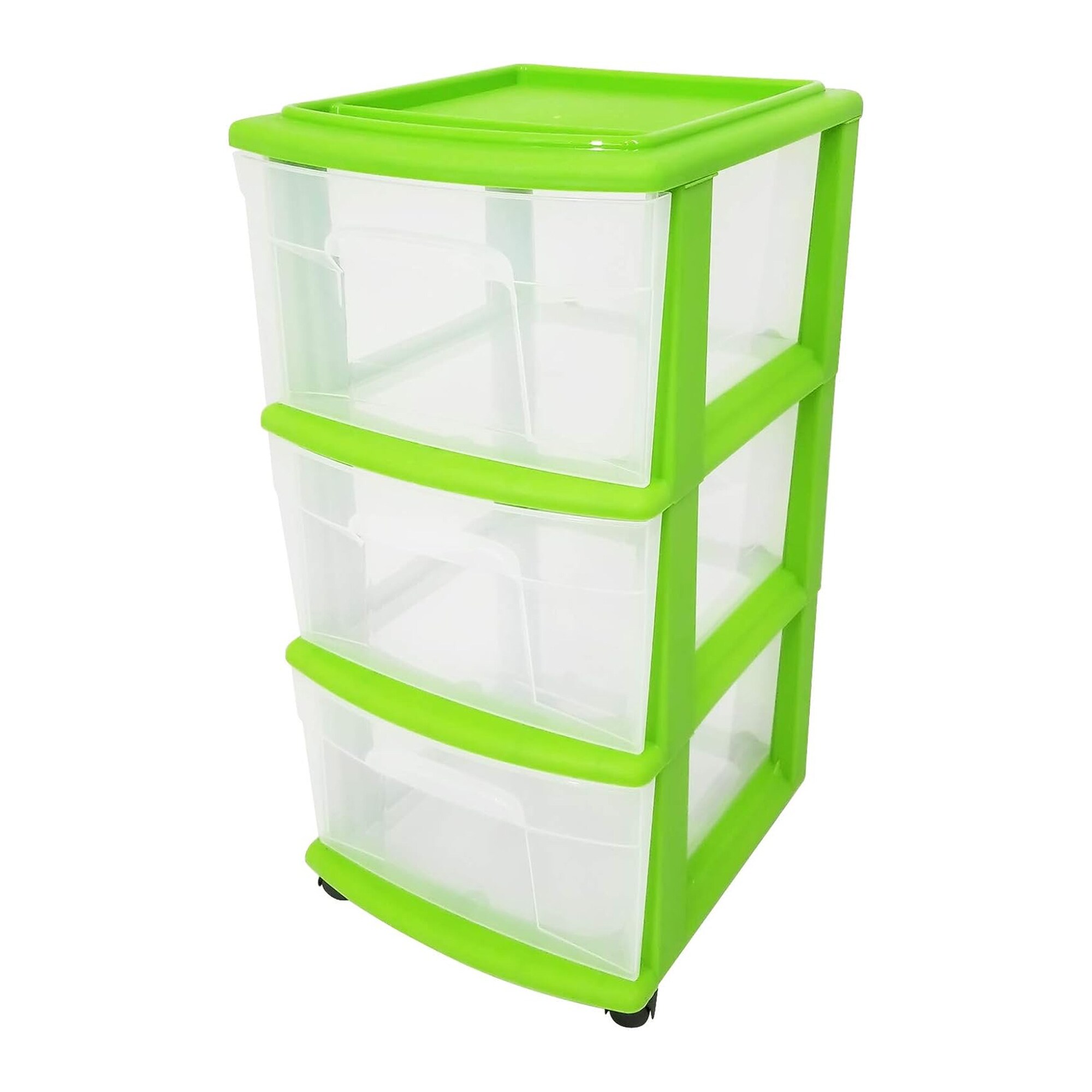 Homz Products 323709 3 -Drawers Green, Clear Stackable Rolling Plastic Storage Storage drawer 25.5-Inches H x 14.25-Inches W x 12.5-Inches D
