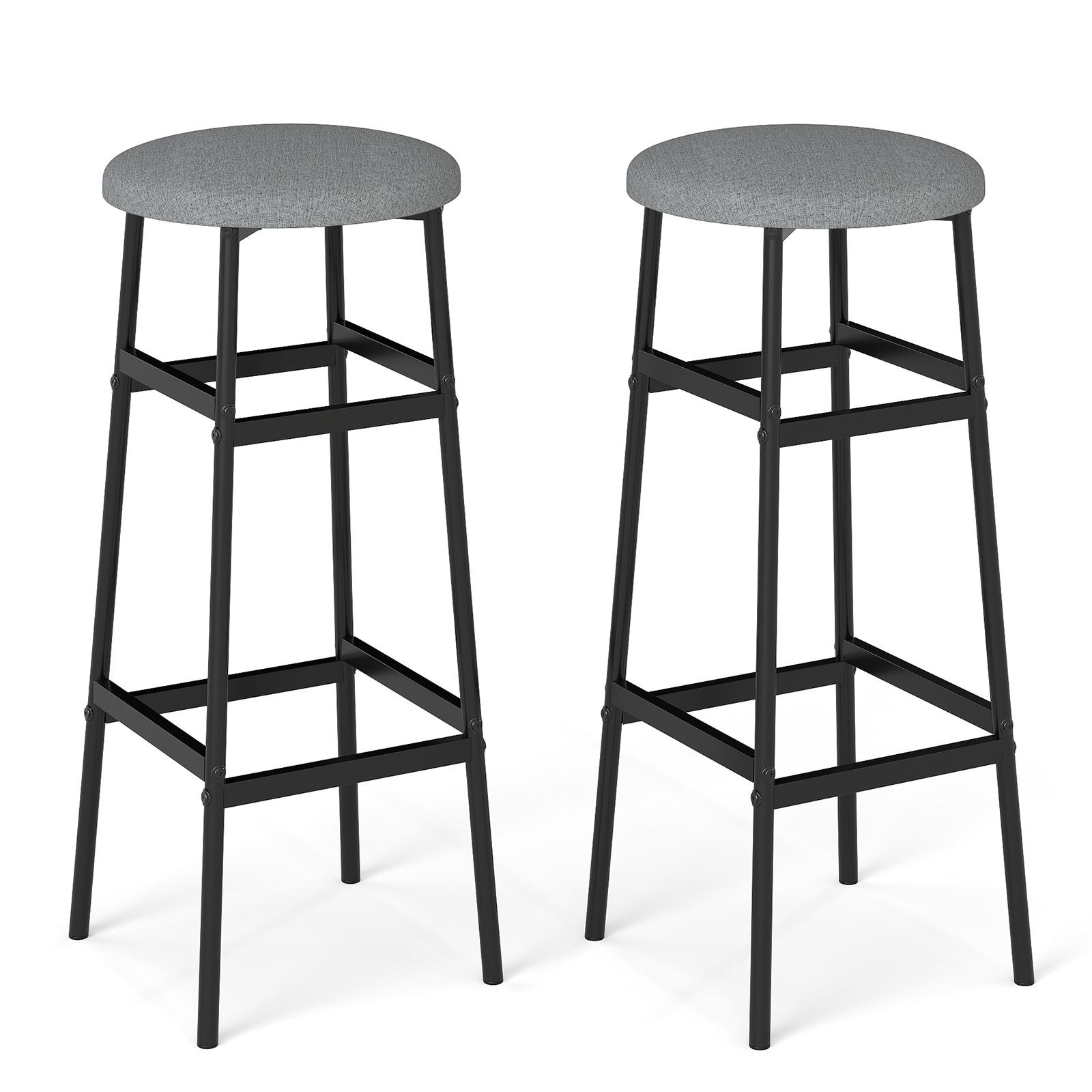 Slickblue - Modern Set of 2 Round Bar Stool with Upholstered Gray/White Seat and X Support Frame ...
