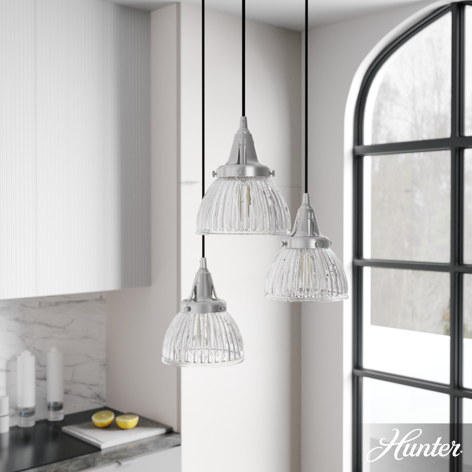 Hunter Cypress Grove 3-Light Brushed Nickel Transitional Clear Glass Linear LED Mini Hanging