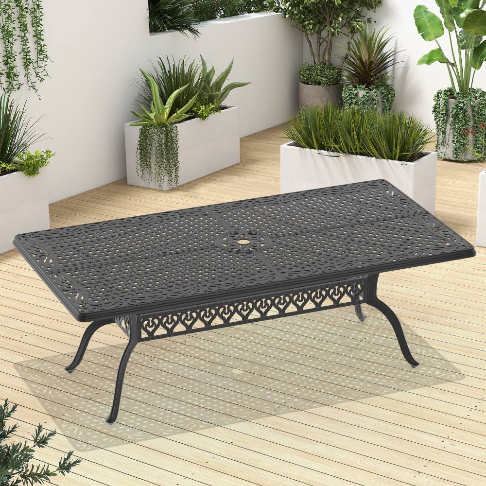 Coolbibila - 83 in Umbrella Hole Rectangular Cast Aluminum Patio Dining Table Black Finish Powder...