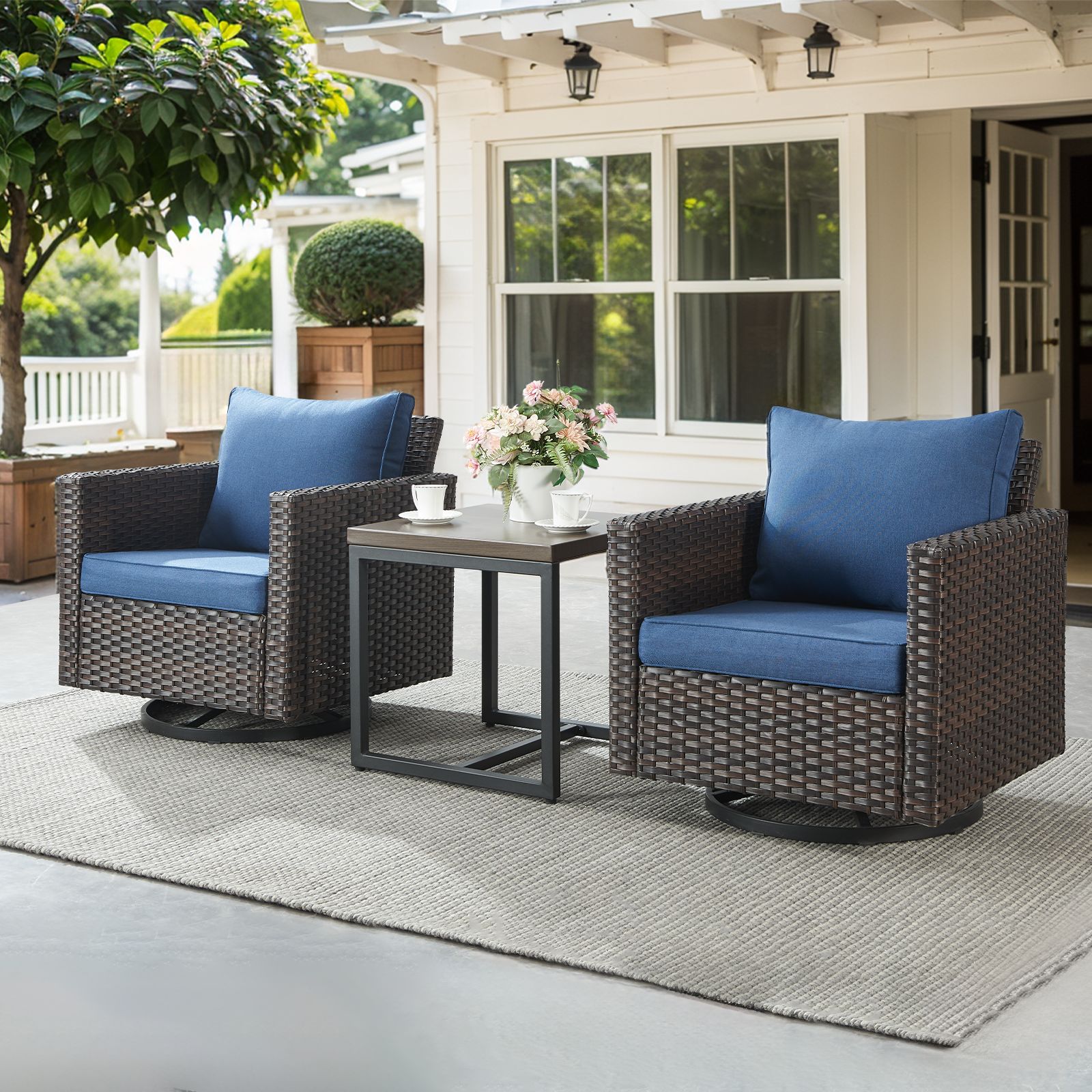 Jeehope PA124-1XT PAnorama Series 3 -Piece Wicker Patio Conversation Set with Navy Cushions