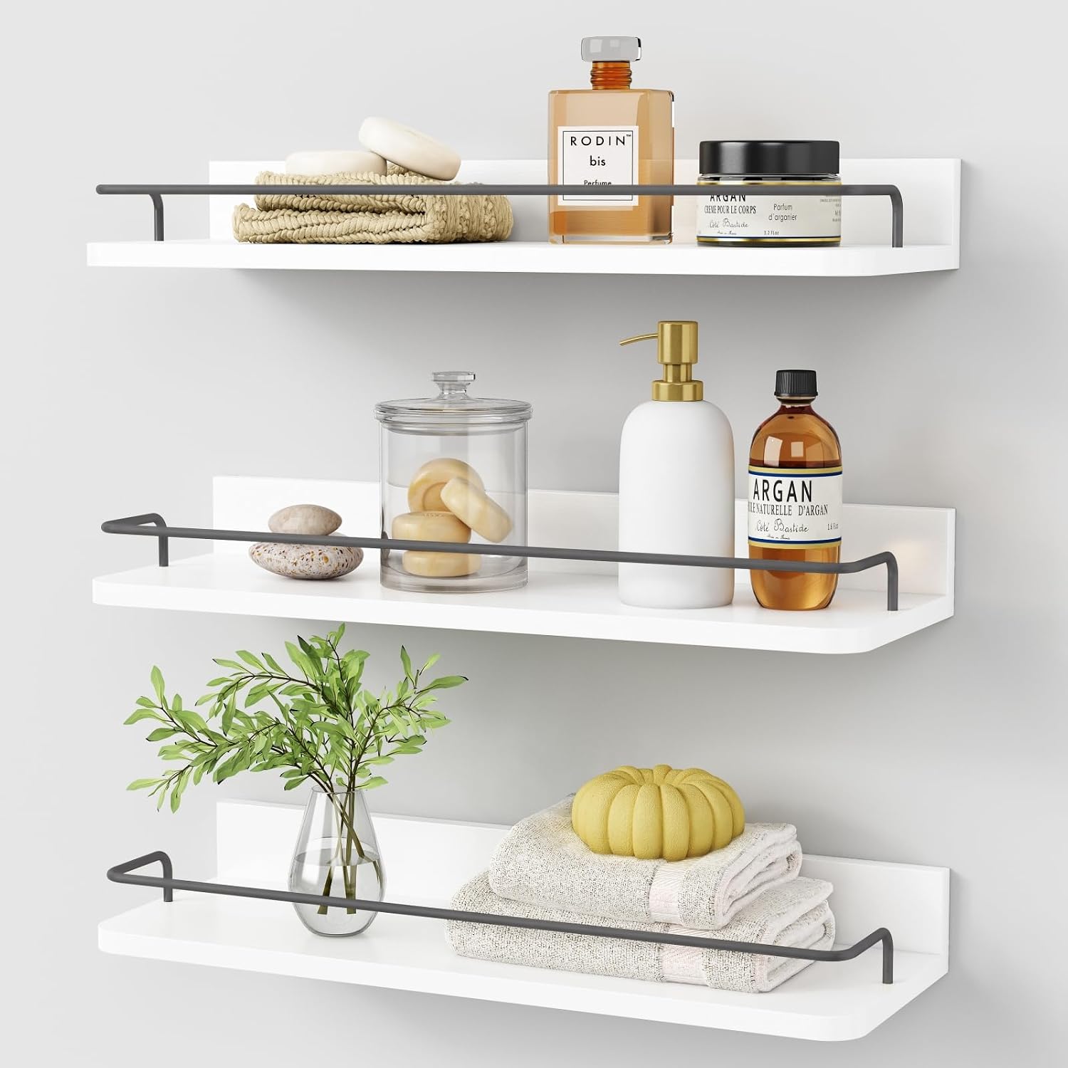 SPACELEAD Floating Wall Mounted Shelves with Guard Rail Set of 3 - 17 in x 6 in Wood Shelves for Bathroom Bedroom and Closet in White and Dark Grey