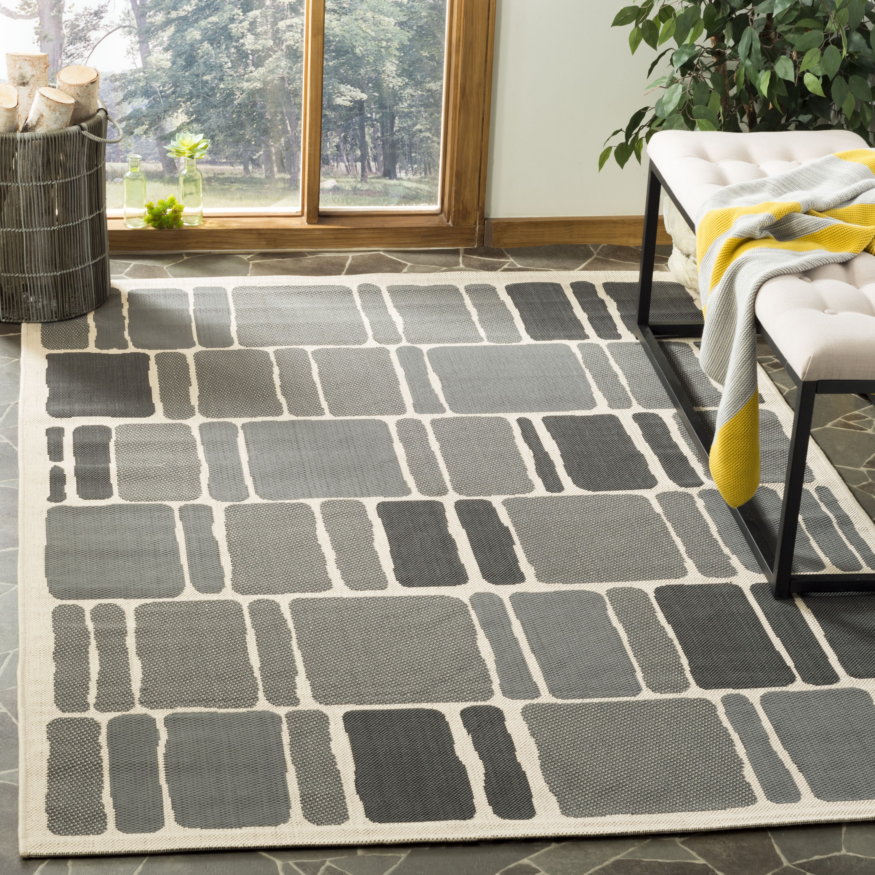 Martha Stewart MSR4289-23612-3 Blocks 3 x 5 (ft) Loomed Polypropylene Beige/Anthracite Rectangular Indoor Abstract Coastal Throw rug