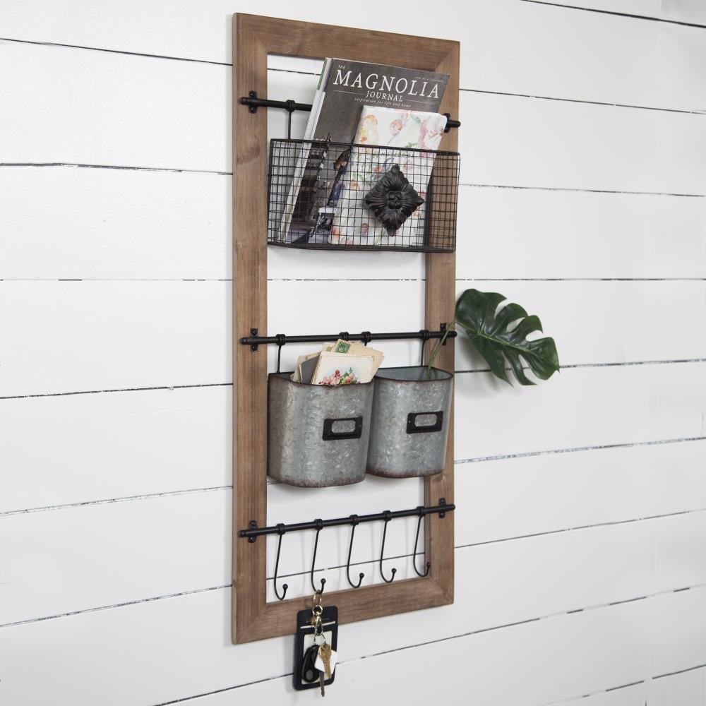 Pinnacle Metal and Wood Wall Organizer with Baskets and Hooks