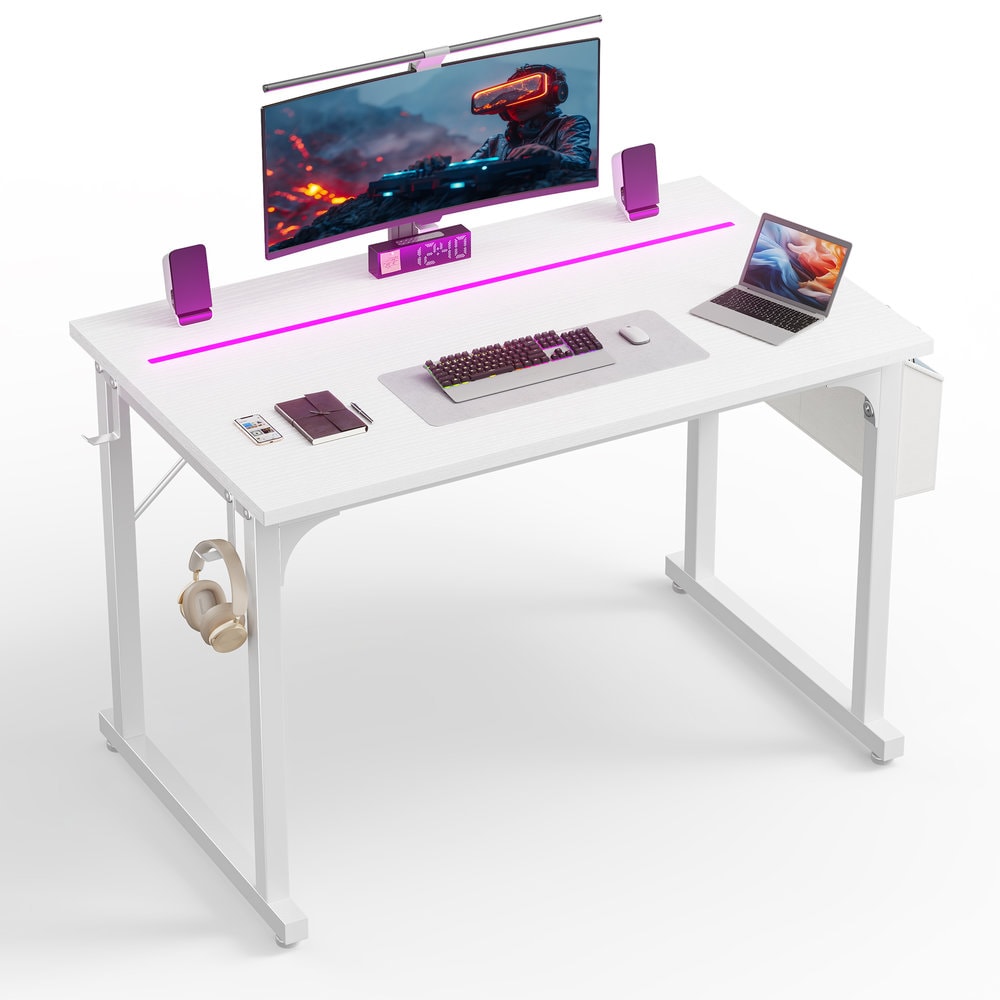 Raybee - 39.4-in W Carbon Fiber Computer Desk with Waterproof LED Lights Gaming Desk with Headpho...